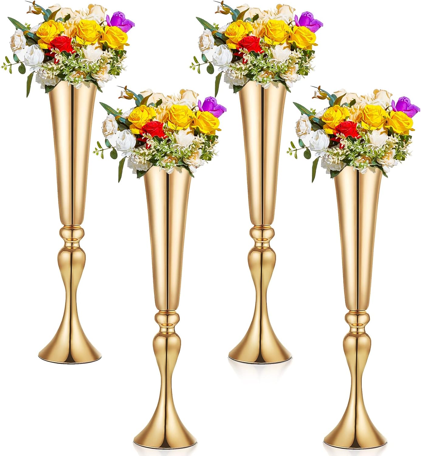 Amylove 4 Pieces 21.9 Inch Trumpet Vases for Centerpieces, Gold Flower Stand, Wedding Table Decor, Ideal for Party Decoration