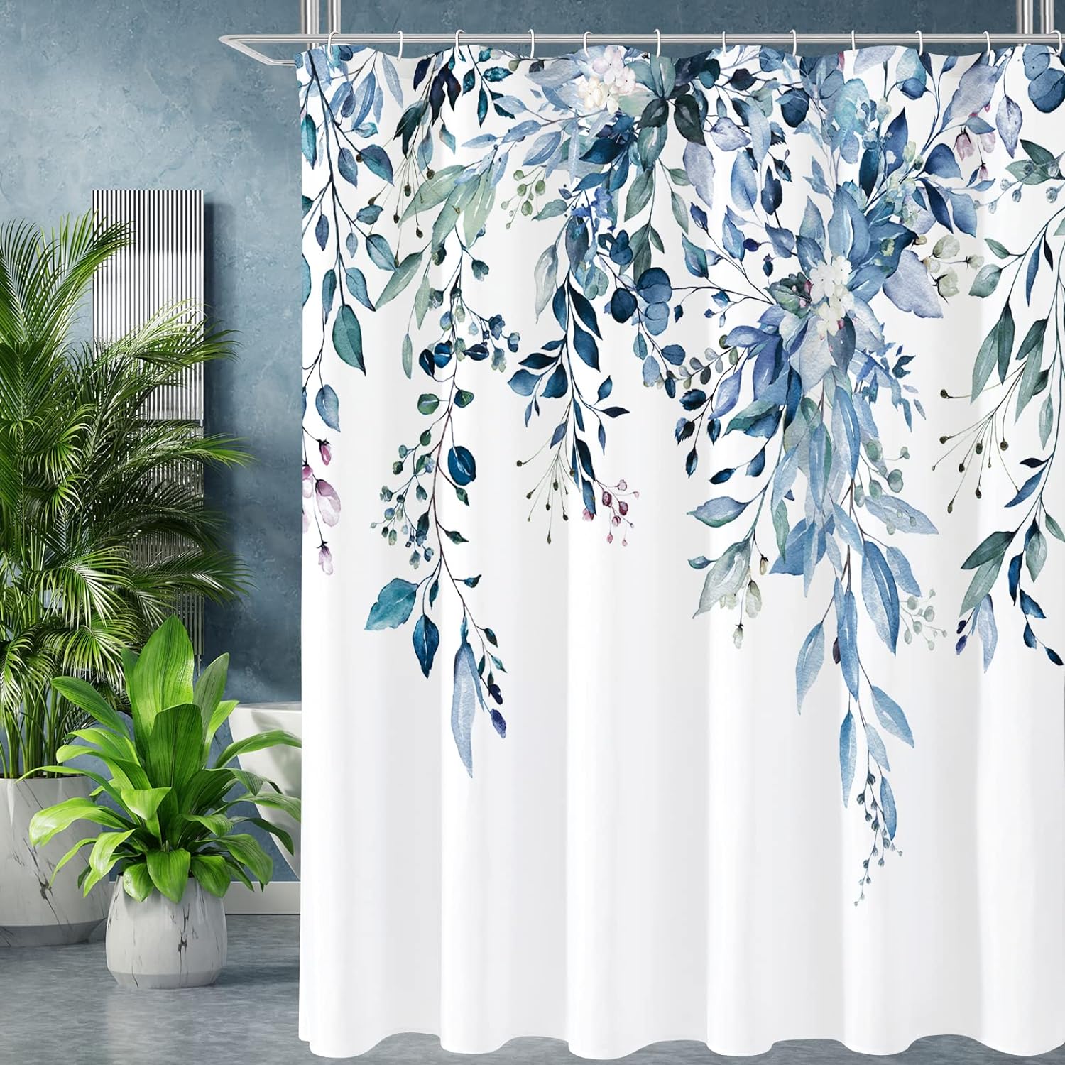 Gibelle Extra Long Shower Curtain 72 x 84, Blue Floral Shower Curtain for Bathroom, Watercolor Plant Eucalyptus Leaves Fabric Shower Curtain Set with Hooks