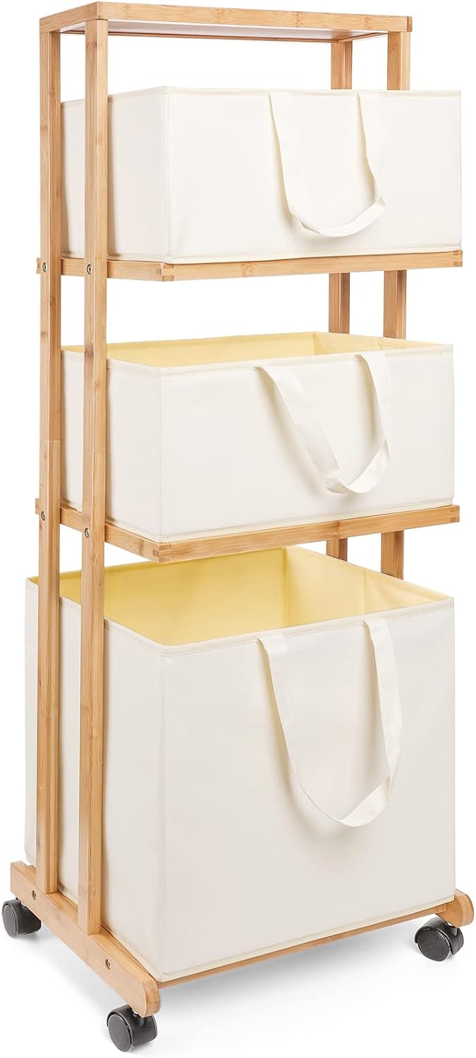 Homde Laundry Basket 3 Tier Bamboo Storage Shelf with Wheels Removable Storage Basket with Handle Freestanding Clothes Hamper Organizer for Bathroom Living Room Bedroom (Natural)