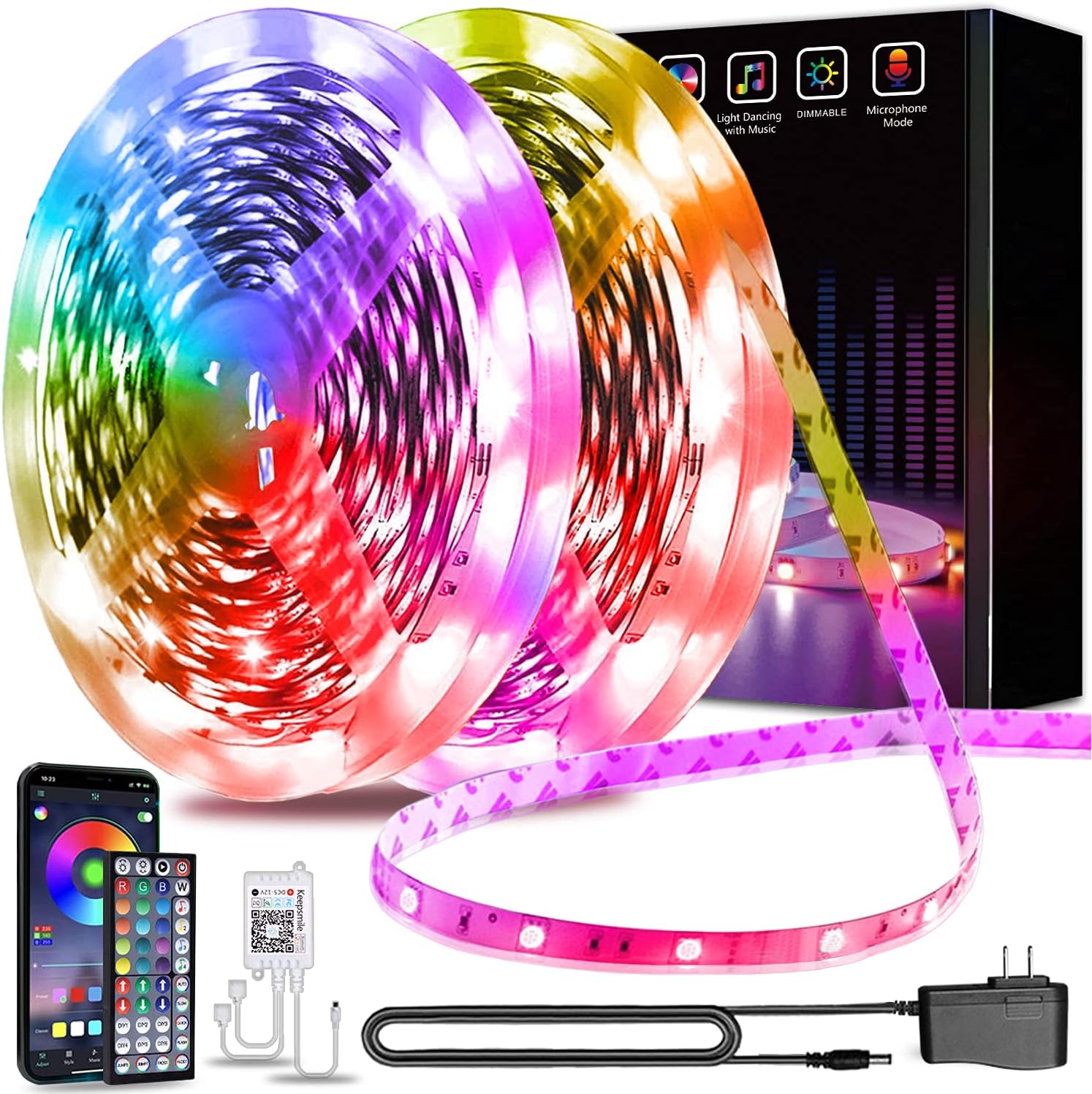 130ft Led Lights (2 Rolls of 65ft) Keepsmile Bluetooth Smart APP RGB Color Changing Led Strip Lights with Remote Led Lights for Bedroom Room Home Decoration