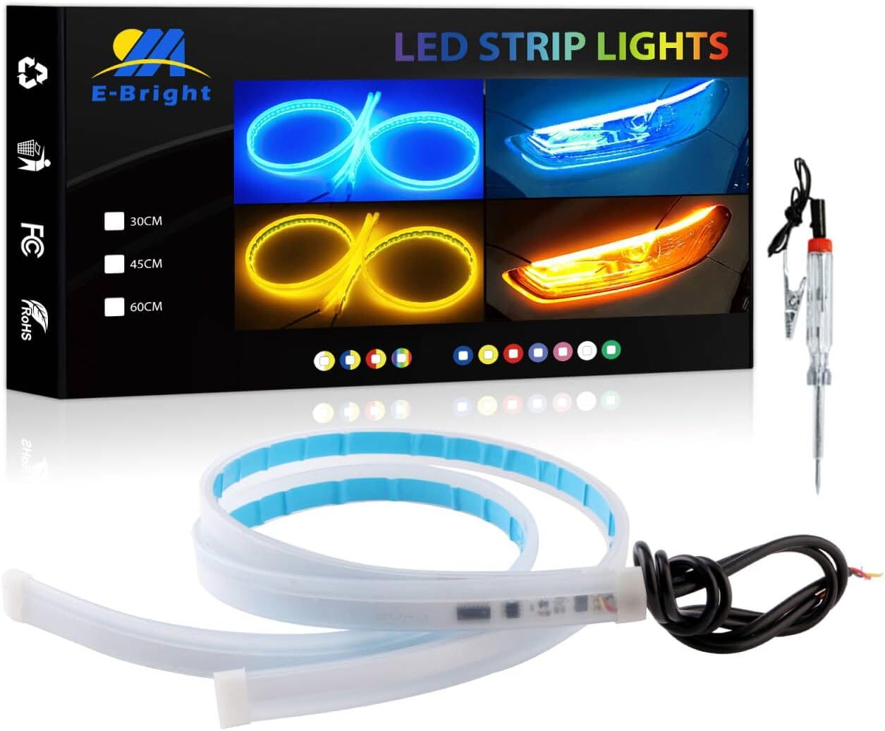 EverBright DRL Led Strip Lights for Cars SUV Motorcycle Daytime Running Lights Turn Signal Bulb Sequential Switchback Led Strip Amber/Yellow & Blue (2Pcs 60CM/24 Inch)