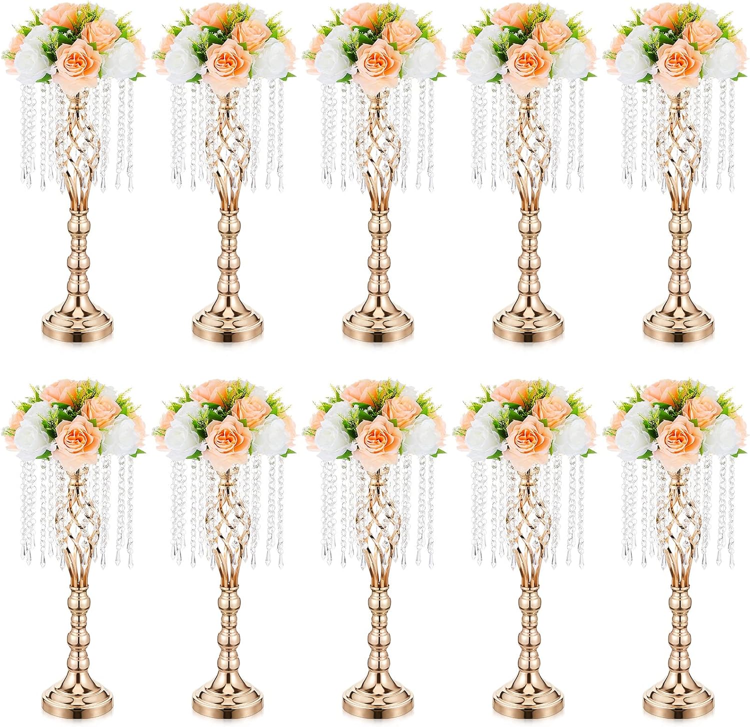 Amylove 10 Pcs 21.7 Inches Gold Crystal Wedding Centerpieces for Tables with Metal Chandelier Holder Stand