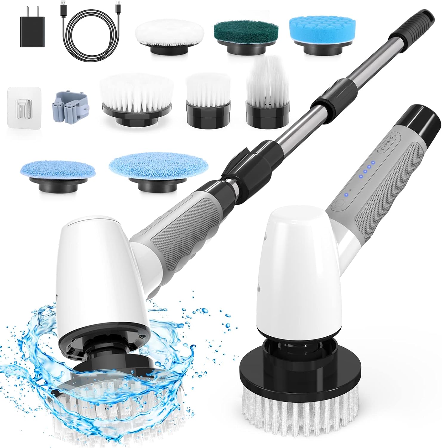 Electric Spin Scrubber, Cordless Cleaning Brush Tub Tile Scrubber for Home, 8 Replaceable Brush Heads, 90Mins Work Time 3 Adjustable Handle 2 Speeds for Bathroom Shower Bathtub Glass Car