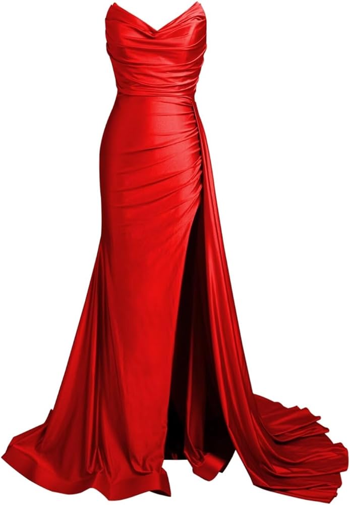 Strapless Mermaid Prom Dresses Long Formal Dress Wrap Satin Ruched Evening Gowns with Slit for Women