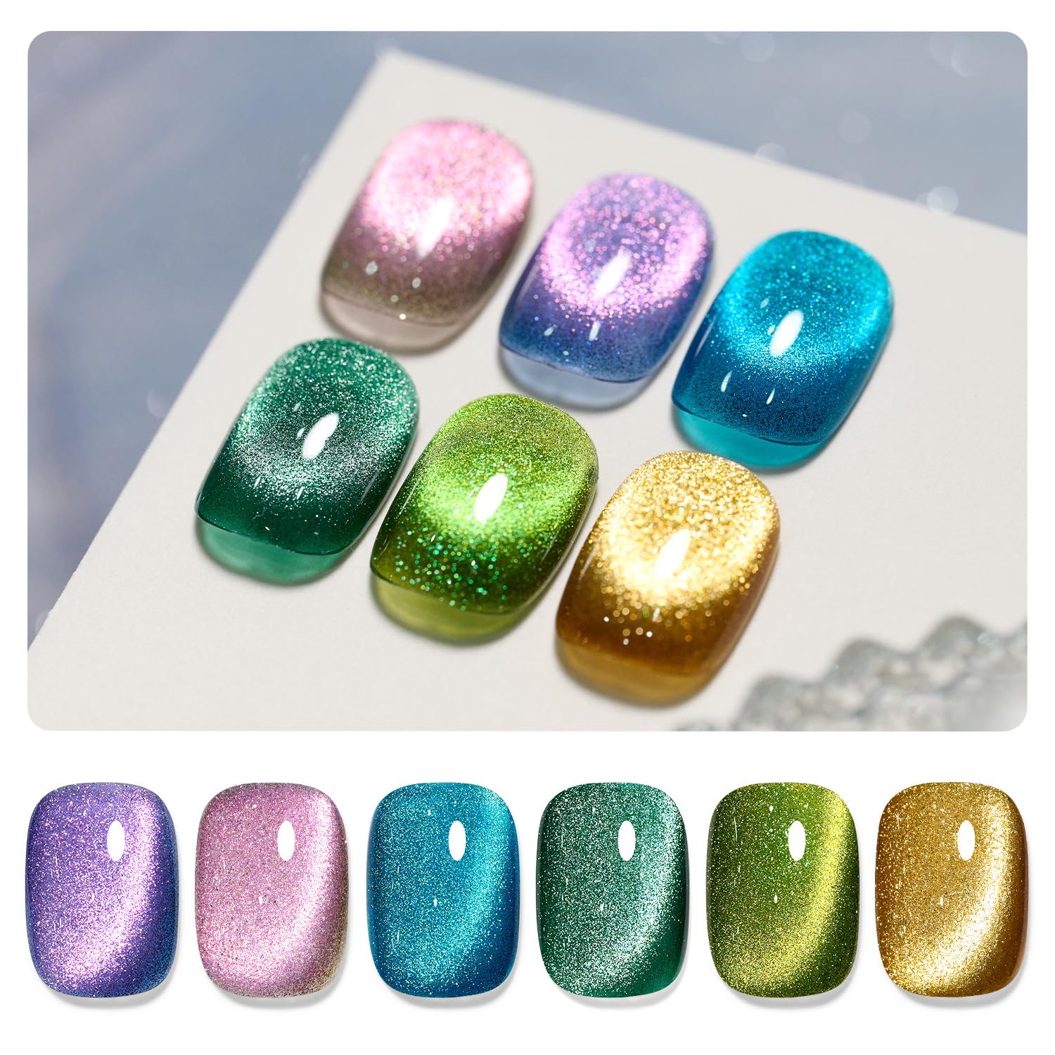 GAOY Glitter Cat Eye Gel Nail Polish Set with Magnet Colorful Galaxy for Holographic Cat Eye, Salon Gel Manicure and Nail Art DIY at Home