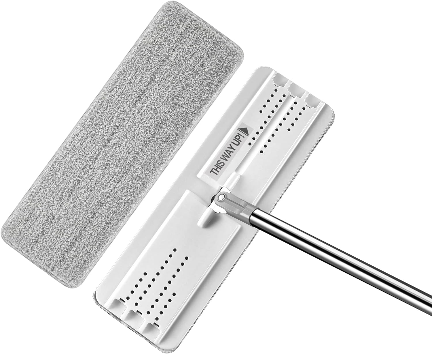 Flat Mop with Microfiber Pad, Floor Mop, Cleaning Tools, Mopping Dry or Wet, Mops for Floor Cleaning Hardwood, Laminate, Tiles, Flexible Mop Head, Adjustable Stainless Steel Handle - White