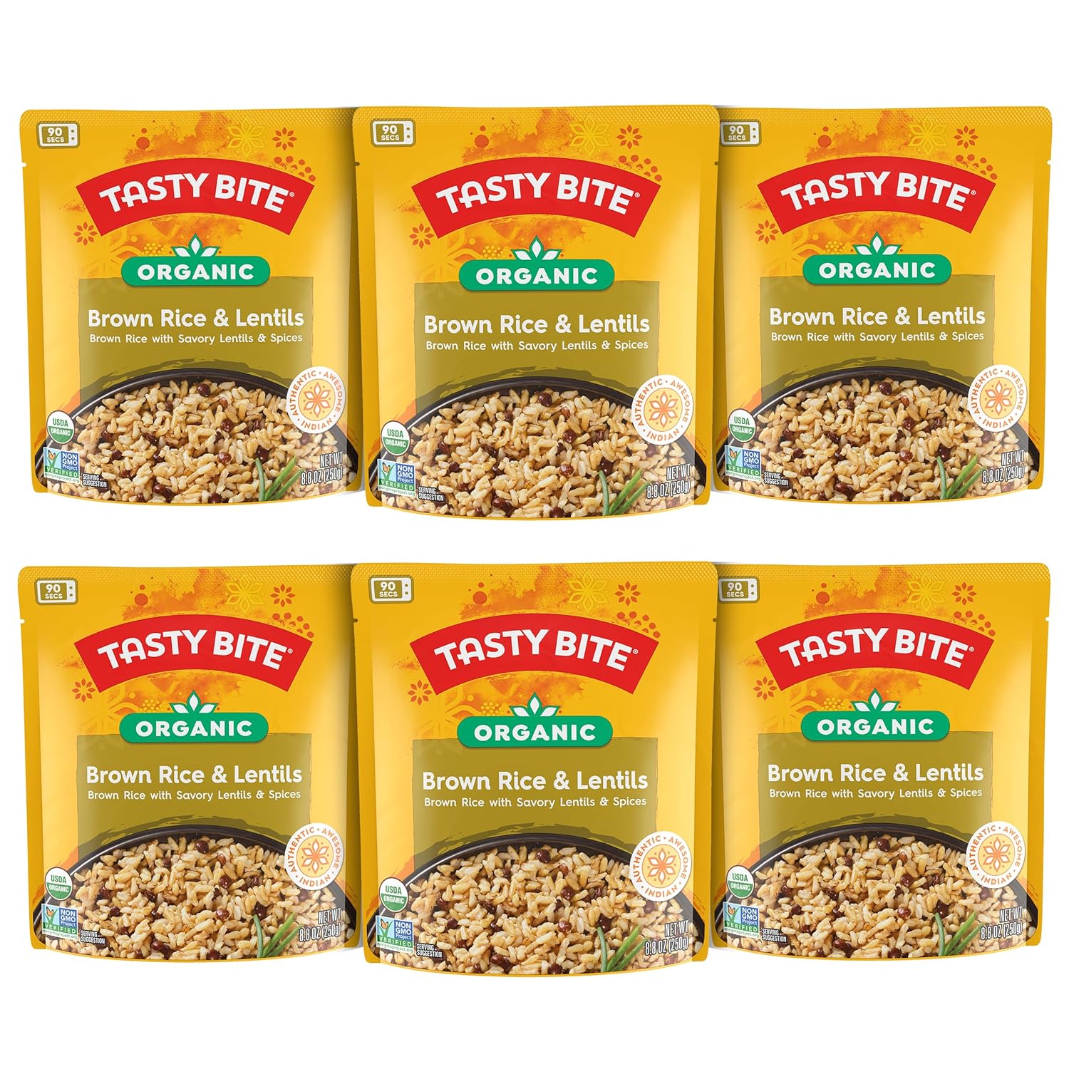 Tasty Bite Organic Brown Rice &amp; Lentils, 8.8 Ounce, (Pack of 6) , Ready to Eat, Microwavable, Vegan, Gluten-Free