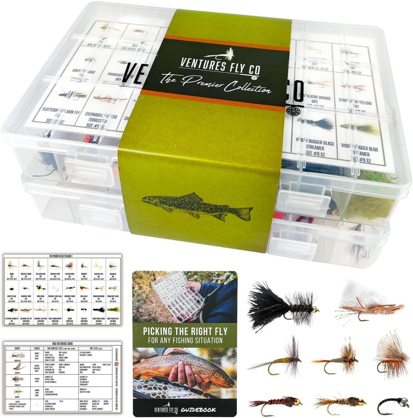 Ventures Fly Co. | 122 Premium Hand Tied Fly Fishing Flies Assortment | Two Fly Boxes Included | Dry, Wet, Nymphs, Streamers, Wooly Buggers, Terrestrials | Trout, Bass Lure Set, Kit, Gift