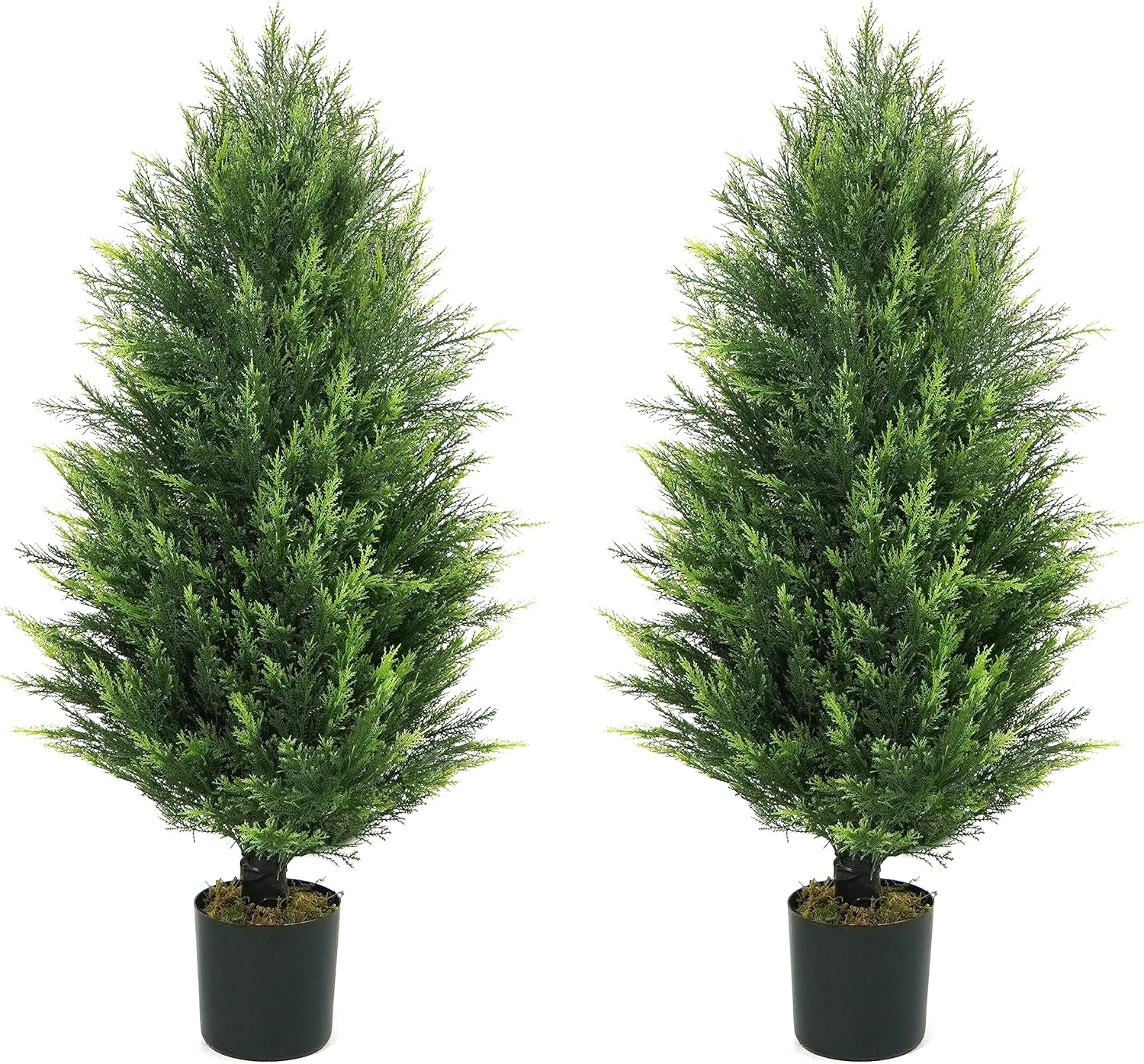 CAPHAUS 3 FT, 36 Inch Artificial Cedar Tree set of 2, Natural Faux Plants for Outside Planter, UV Resistant, Fake Boxwood Topiary w/Dried Moss, Artificial Tree Indoor, Outdoor Patio Decor