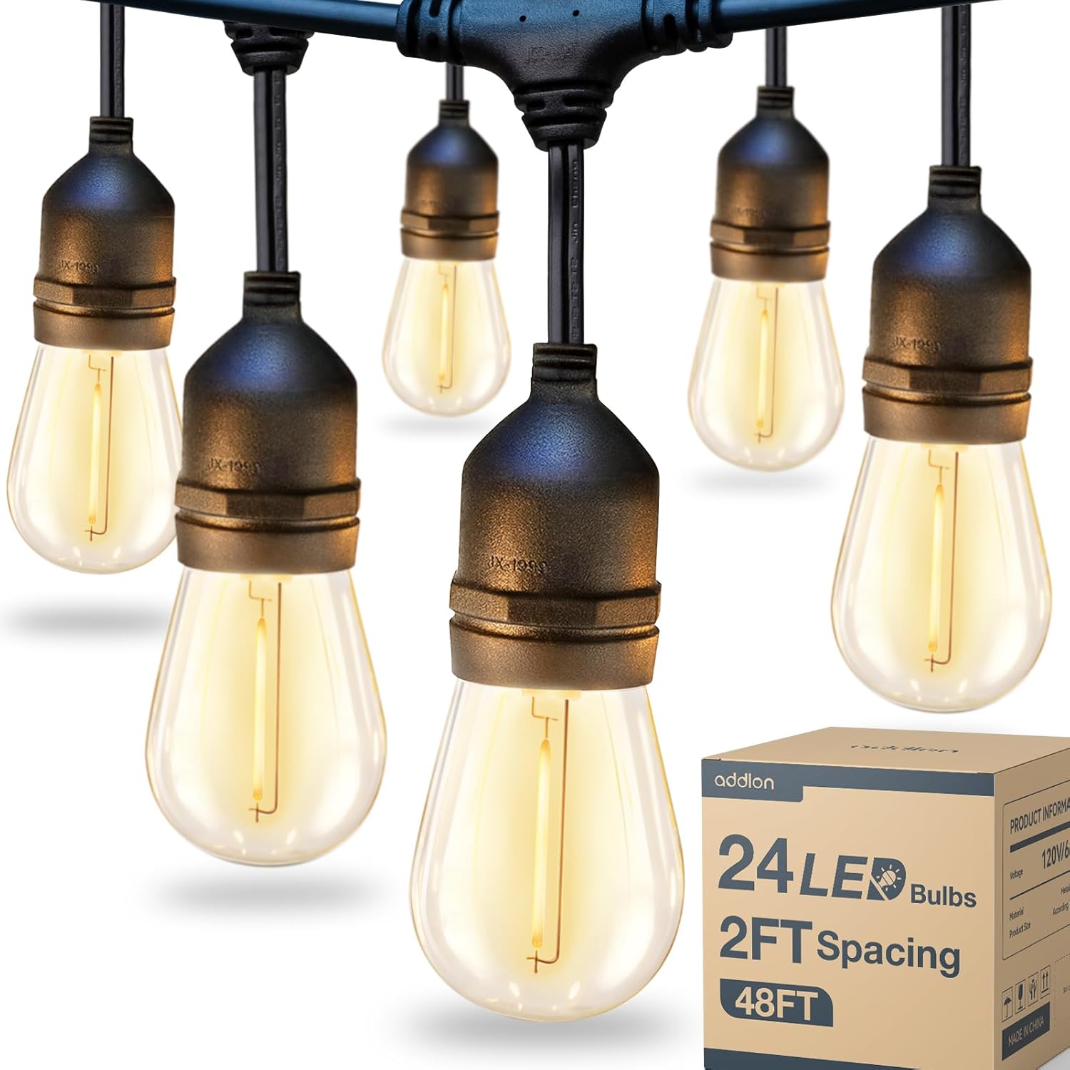 addlon 48FT LED Outdoor String Lights with 25 Edison Vintage Shatterproof Bulbs and Commercial Grade Weatherproof Strand - ETL Listed Heavy-Duty Decorative Lights for Patio Garden