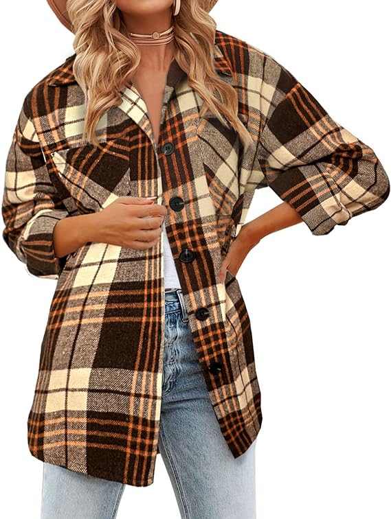 BTFBM Women' Long Sleeve Button Down Jackets Plaid Flannel Shirts Tops Casual Lapel V Neck Oversized Shackets Blouses Top