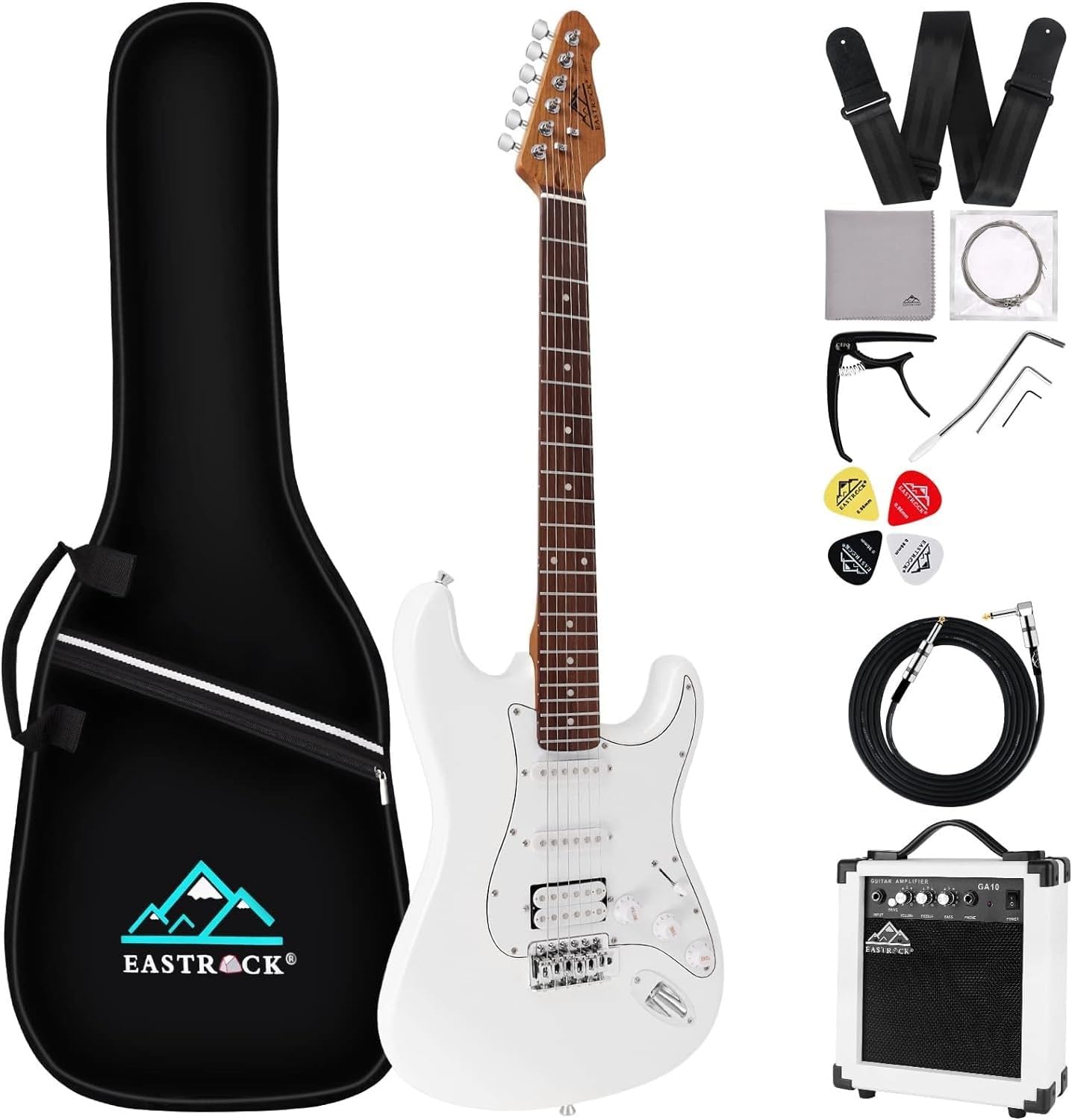 EASTROCK 39 inch Full-Size Electric Guitar Kit for Beginner Starter with 10w Amp, Bag, Capo, Shoulder Strap, String, Cable, Picks. (39 Right Handed, White)