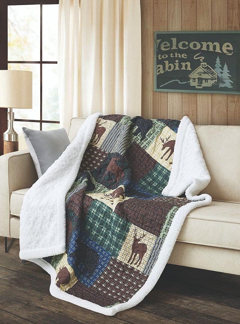 Virah Bella Quilted Sherpa Throw Blanket 50" x 60" Wilderness Patch Lightweight Throw Quilt Great for Loungers & Extra Bedding - Beautiful Lodge-Themed Blanket