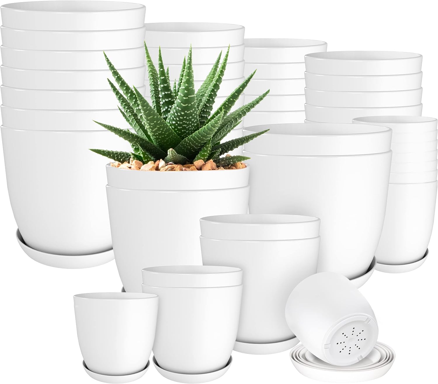 Utopia Home - Plant Pots with Drainage - 7/6.6/6/5.3/4.8 Inches Home Decor Flower Pots for Indoor Planter - Pack of 40 Plastic Planters, Cactus, Succulents Pot - White