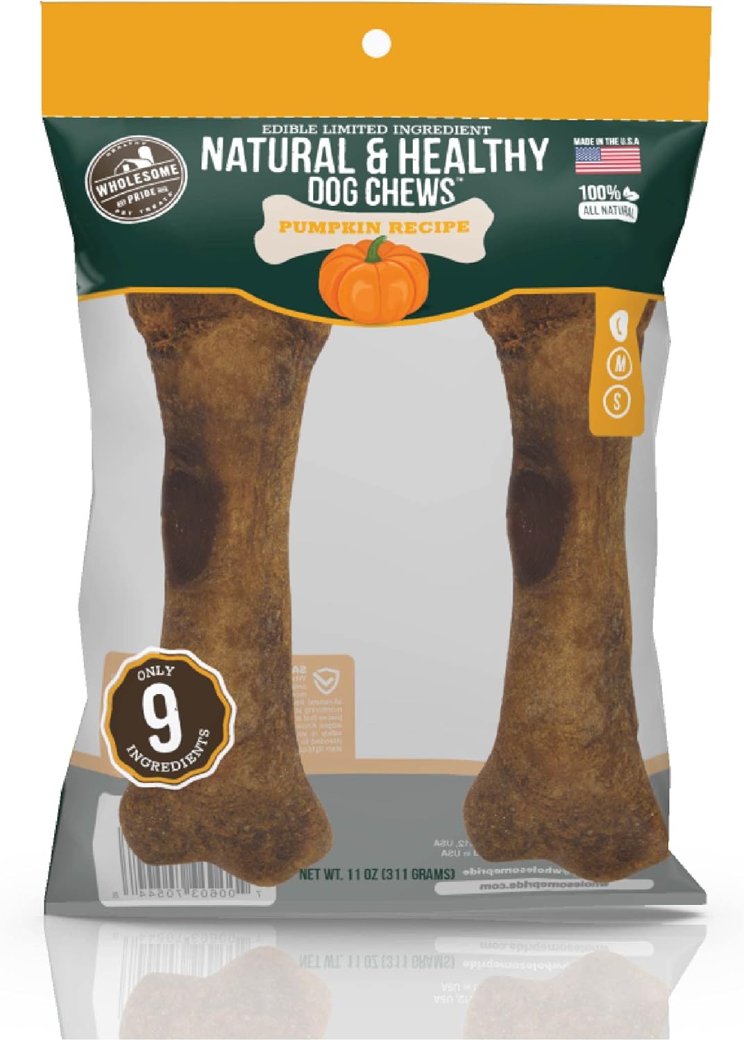 Wholesome Pride Natural & Healthy Pumpkin Highly Digestible Dog Chews, Large - 2 Pack