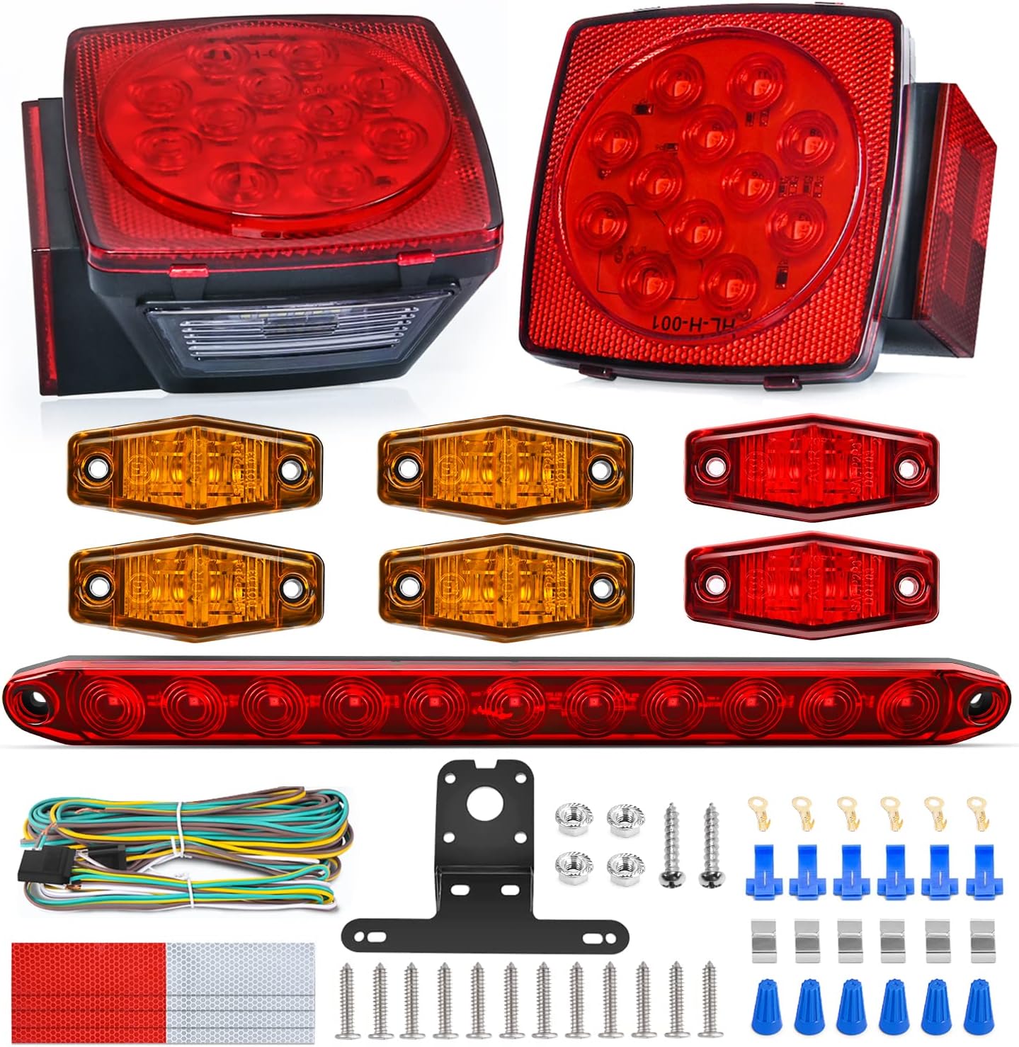 Nilight LED Trailer Light Kit Square Stop Turn Tail Light Red Amber Side Marker Light Third Brake ID Light Bar for 12V Utility Trailer Boat Camper RV Trucks Marine Snowmobile, 2 Years Warranty