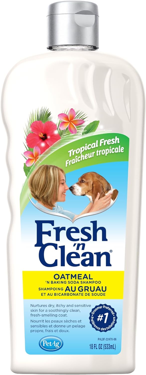 Pet-Ag Fresh n Clean Oatmeal n Baking Soda Shampoo - Tropical Fresh Scent - 18 oz - Nurtures Dry, Itchy & Sensitive Skin with Vitamin E & Aloe - Strengthens & Repairs Coats - Soap Free