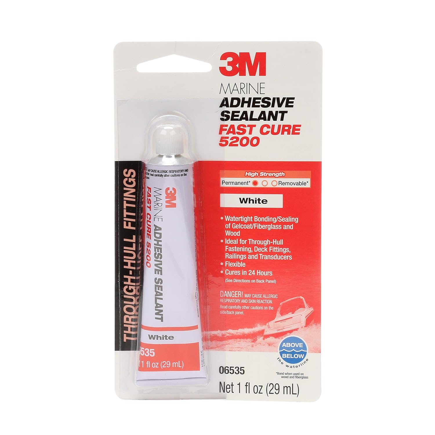 3M Marine Adhesive Sealant Fast Cure 5200 (06535) Permanent Bonding and Sealing for Boats and RVs Above and Below the Waterline Waterproof Repair, White, 1 fl oz Tube