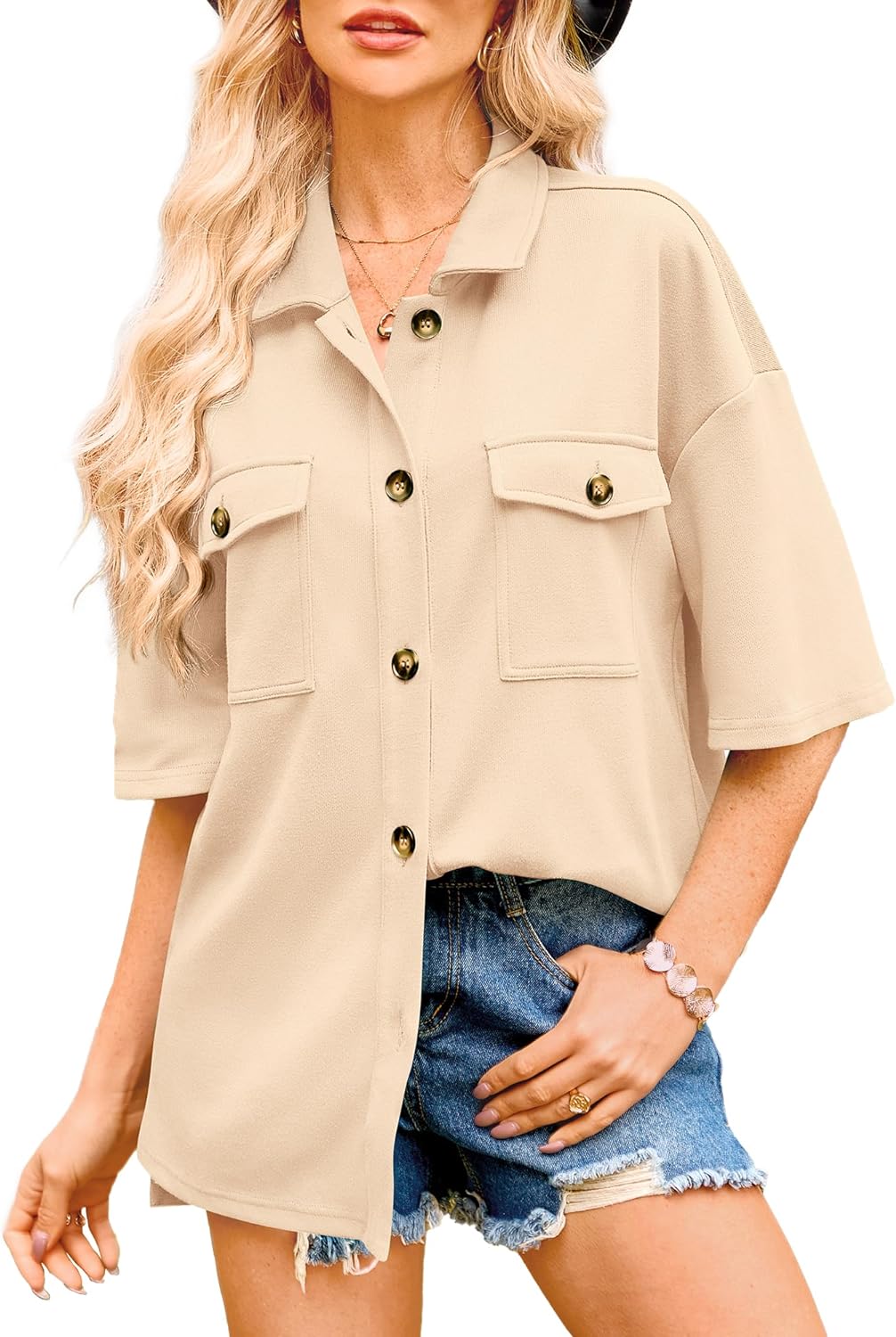 BTFBM Women Button Down Shirts Summer Casual Short Sleeve Side Slit High Low Hem Loose Fit Collared Shirt Blouse Top