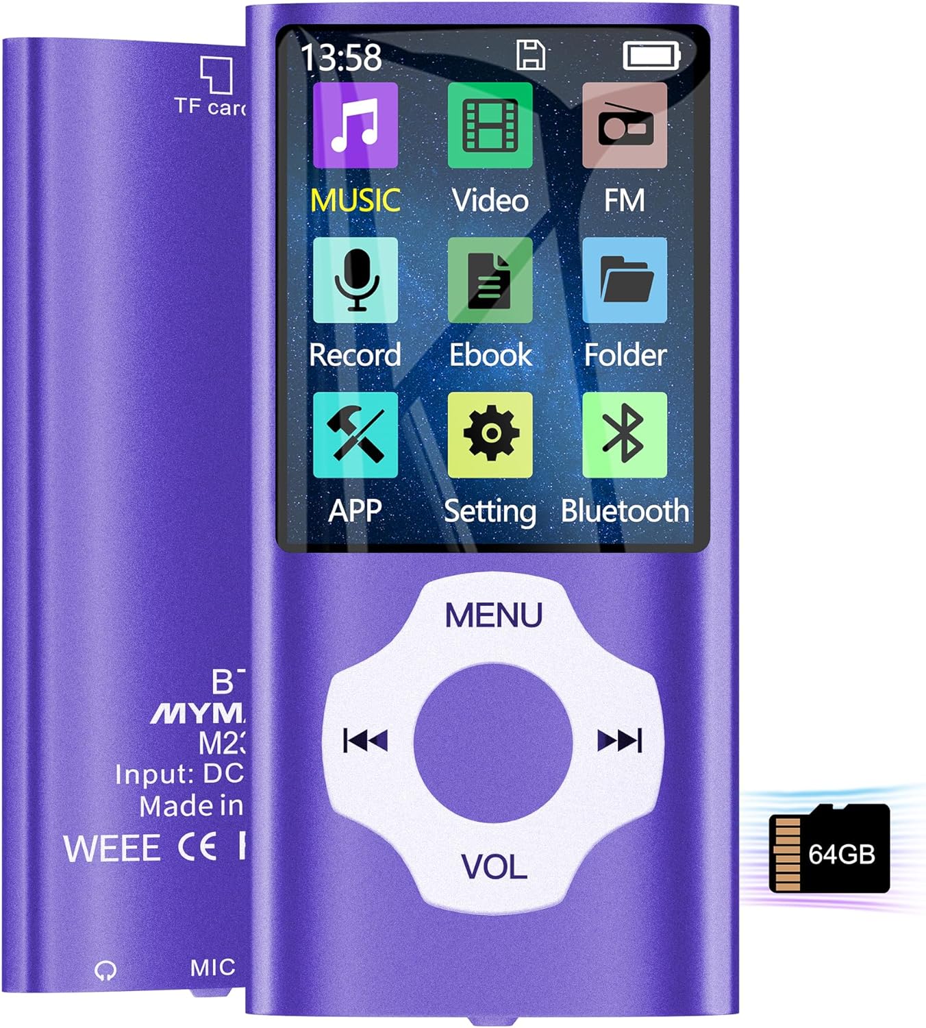 MYMAHDI 64GB MP3 Player with Bluetooth 5.2, LCD Screen Music Player Up to 128GB,MP3 Player for Kids with Music,Video,Voice Record,FM Radio,E-Book Reader,Photo Viewer,Purple