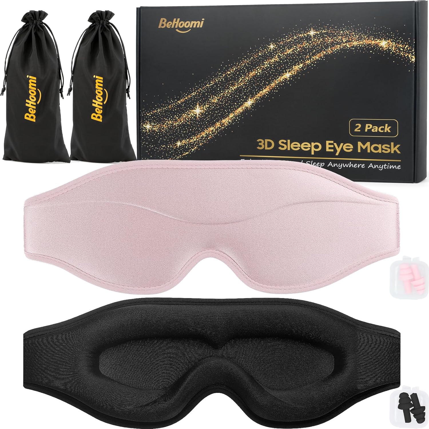 Sleep Mask, 2 Packs Premium Eye Mask for Sleeping, Total Blackout, Superior Soft Comfort, Upgraded 3D Ergonomic Designed Sleeping Mask for Home, Office, Travel, Meditation, Yoga, Black & Pink