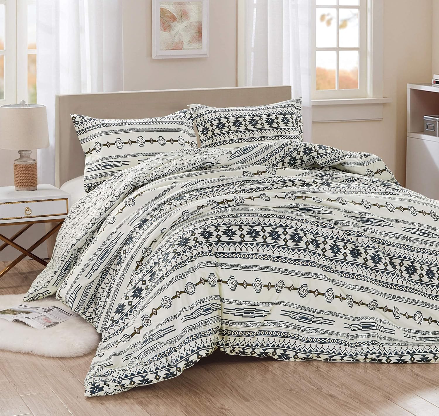 Chezmoi Collection Colby 3-Piece Southwestern Tribal Lodge Comforter Set, King 108"x96" - Ivory Navy Brown Red Printed Microfiber Lightweight Reversible Bedding Set, 1 Comforter + 2 Pillow Shams