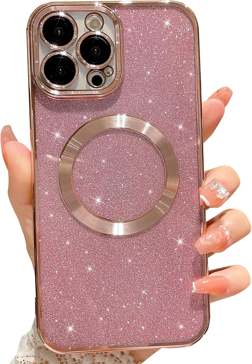 MGQILING Compatible with iPhone 12 Pro Max Magnetic Glitter Case, Luxury Plating Cute Bling Clear Phone Case, Compatible with MagSafe for Women Girls with Camera Protector Back Cover - Pink