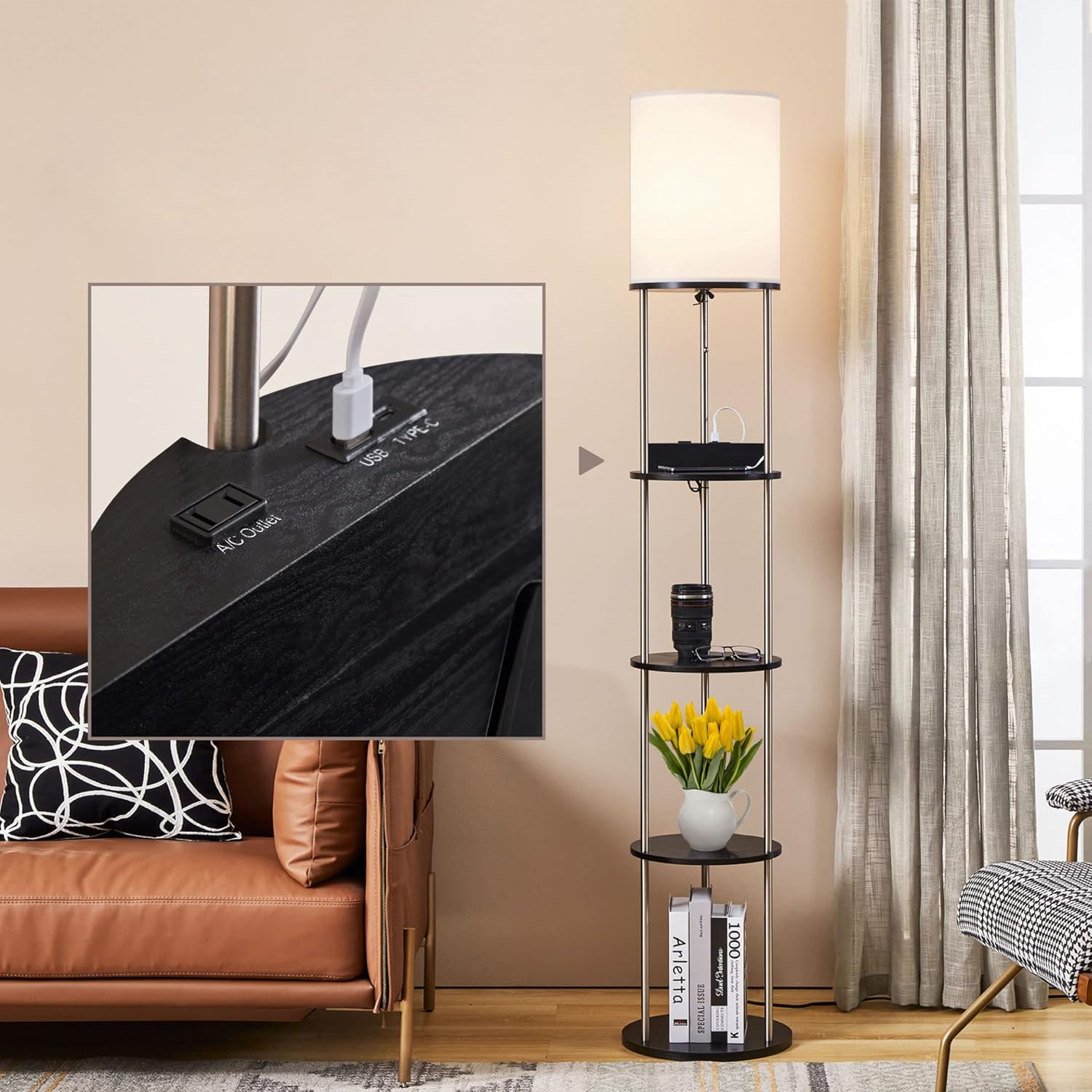 ATAMIN Aria Plus - 72 Floor Lamp for Living Room, Tall Lamp with USB-C and AC Outlets, Modern Floor Lamp for Bedroom, Corner LED Floor Lamp, Floor Lamp with Shelves, Round Floor Lamp, Black