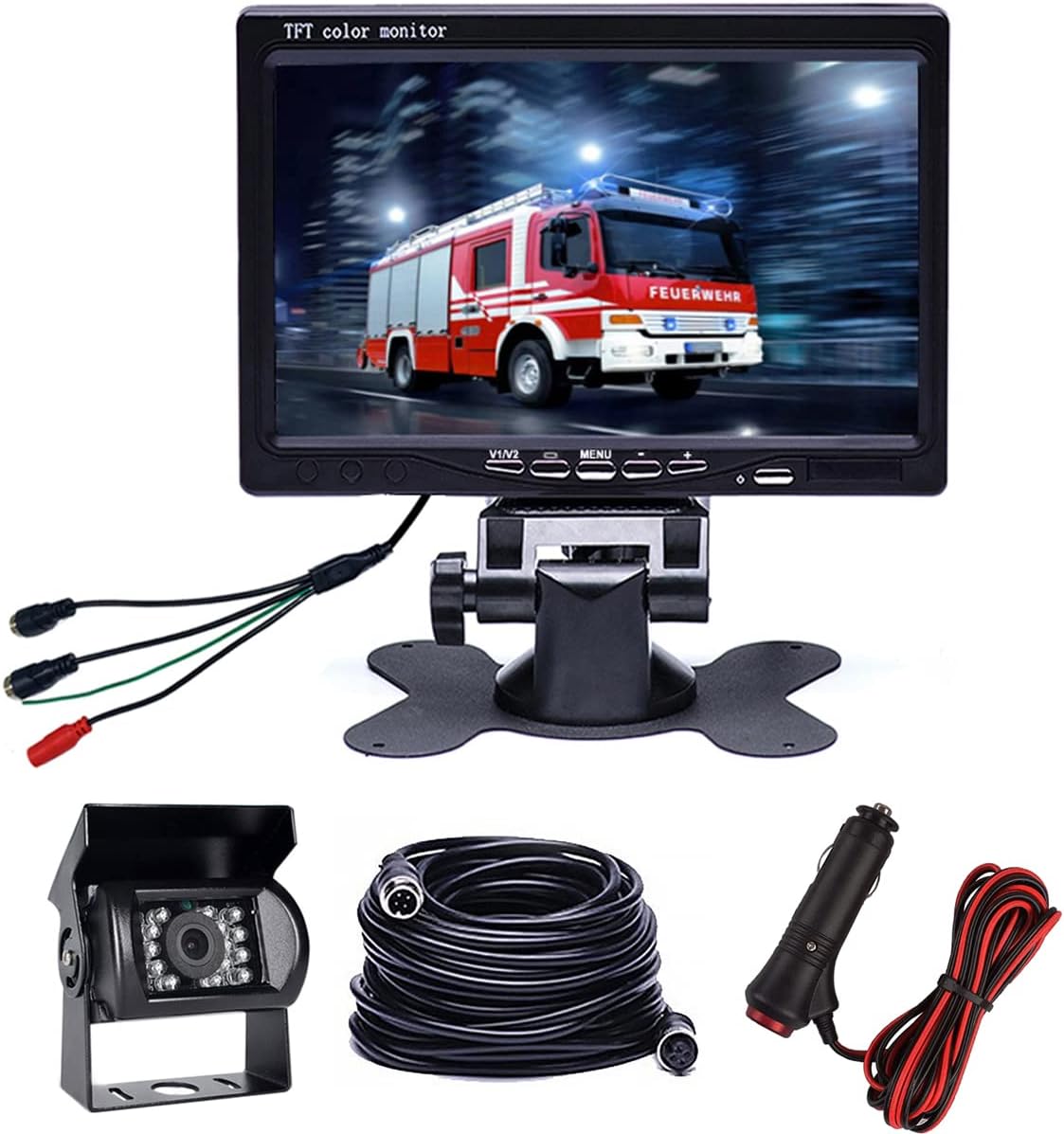 Hikity Backup Camera with Monitor Kit, Waterproof 18 IR LED Night Vision Reverse Camera   7 Rear View Monitor Vehicle Parking System for RV Bus Trailer Truck (65ft Video Cable  Cigarette Lighter)