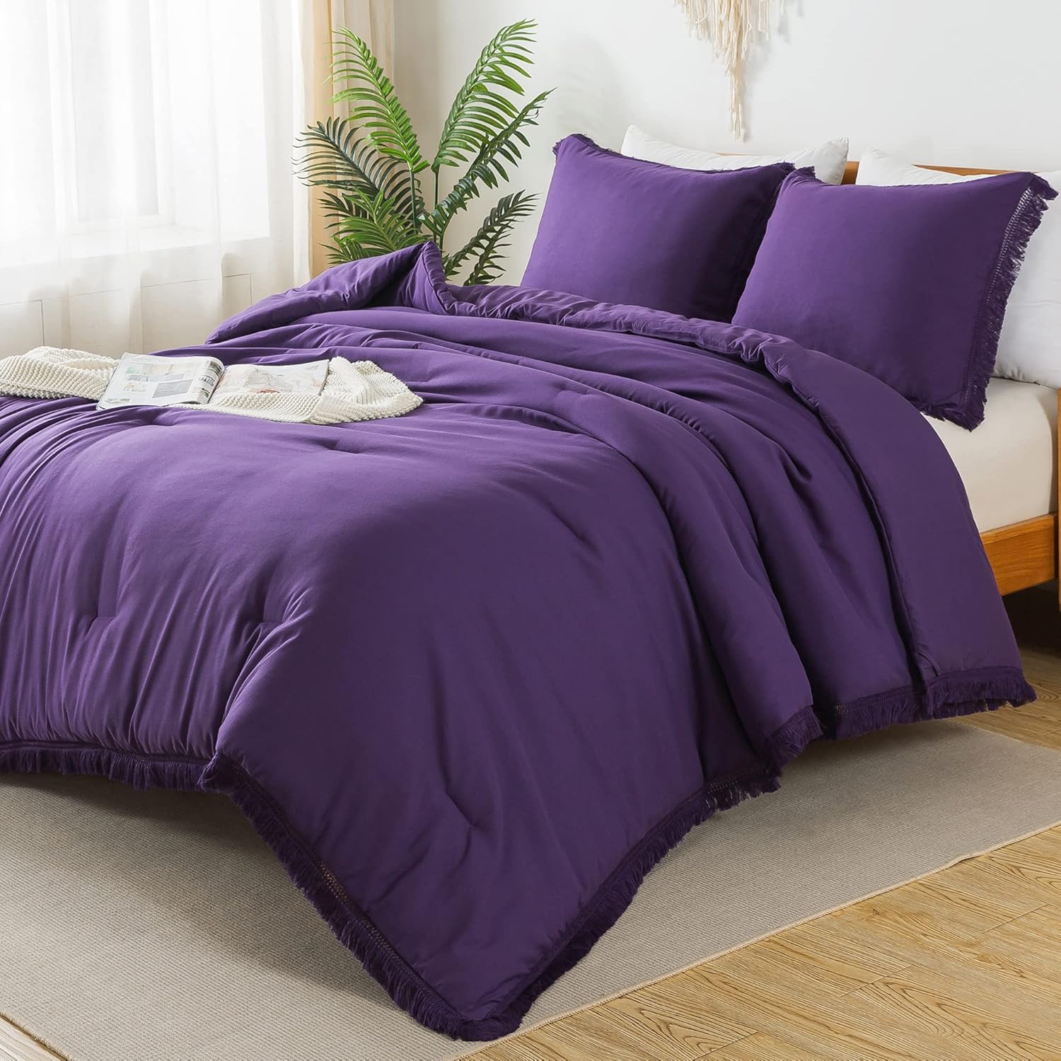 Andency Purple Comforter Set Full, 3 Pieces Boho Tassel Lightweight Bedding Comforter Sets, All Season Soft Fluffy Fringe Bed Set (79x90In Comforter & 2 Pillowcases)