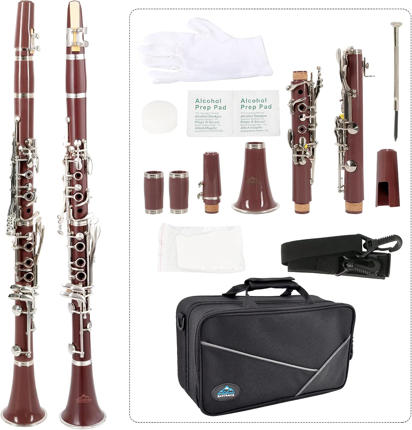 EASTROCK Clarinet Bb Flat 17 Nickel Keys Coffee Beginner Student Clarinet with 2 Barrels Hard Clarinet Case and Clarinet Cleaning Kit