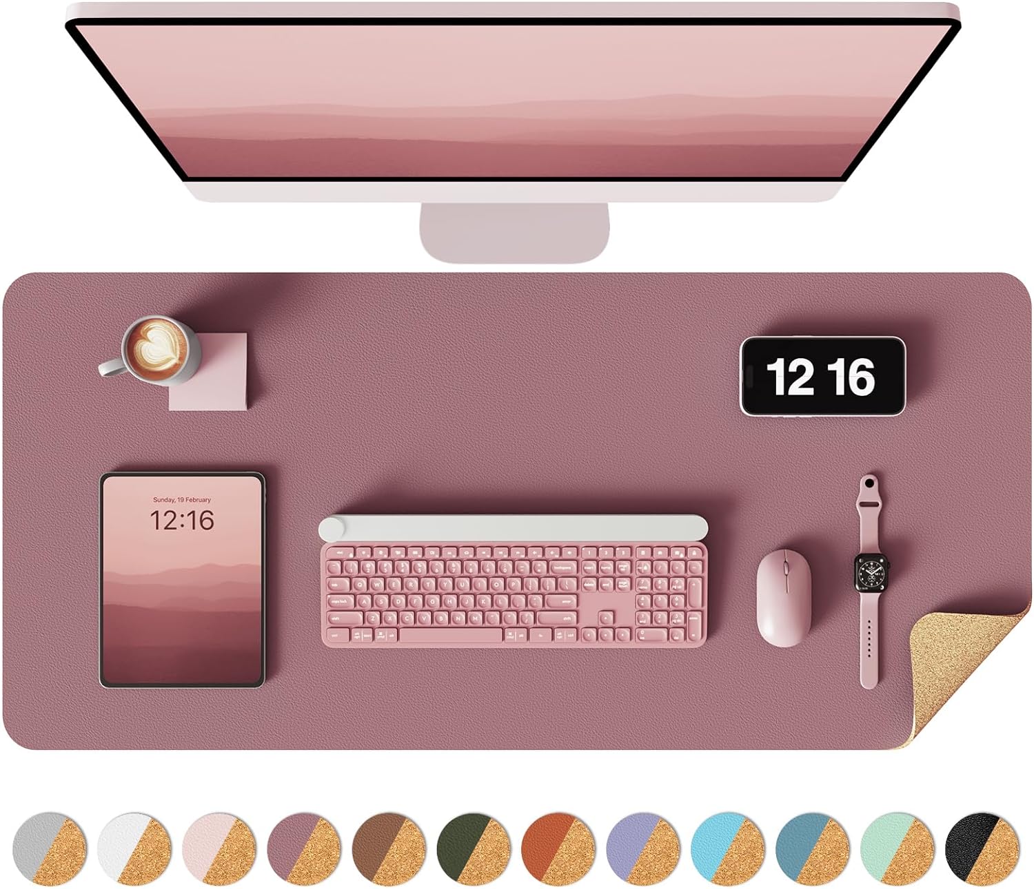 YSAGi Double-Sided Desk Pad, Leather Desk Mat, Eco Cork Desk Pad Protector, Large Mouse Pad for Desk, Waterproof Desk Blotter Pad, Desk Writing Pad for Office Work&Home(23.6"x13.7",Cork+Dark Pink)