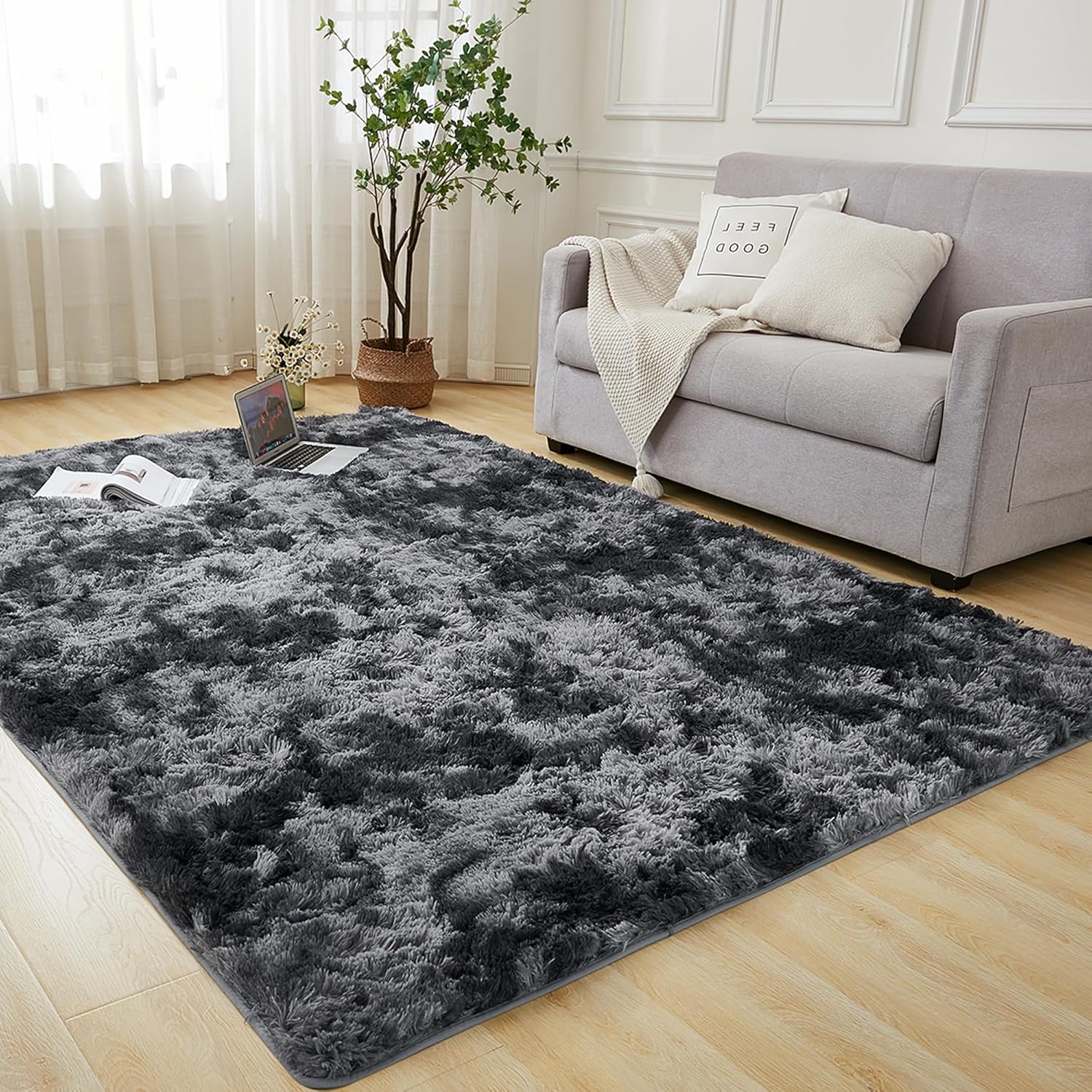 Andency 4x6 Shag Area Rug for Living Room, Tie-Dyed Dark Grey Soft Fuzzy Plush Indoor Carpets for Bedroom, Non Skid Fluffy Faux Fur Rug for Nursery Kids Boys Girls Room