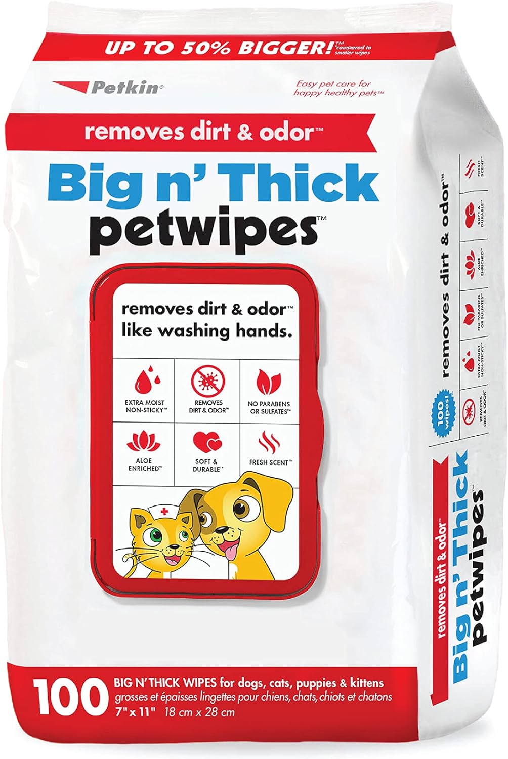 Petkin Pet Wipes for Dogs and Cats, 100 Large Wipes - Removes Dirt & Odor Like Washing Hands - Cleans Ears, Face, Butt, Eye Area - Convenient, Ideal for Home or Travel - 1 Pack of 100 Wipes