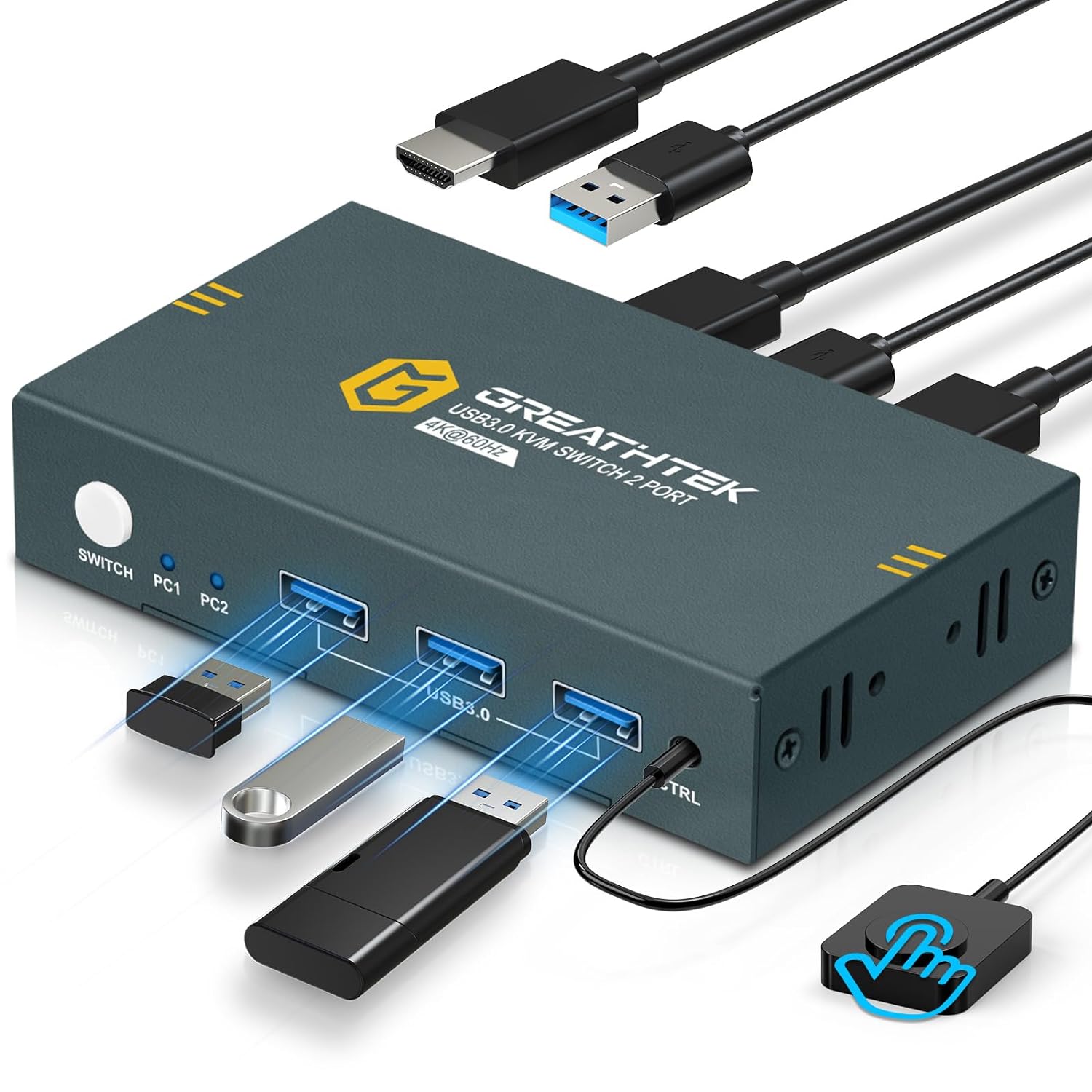 USB3.0 KVM Switch 2 Port HDMI, 4K@60Hz KVM Switch 1 Monitors 2 Computers with 3 USB3.0 Ports, HDMI KVM Switches for 2 PCs Share 1 Monitors and USB Devices, Support Button Switch, EDID