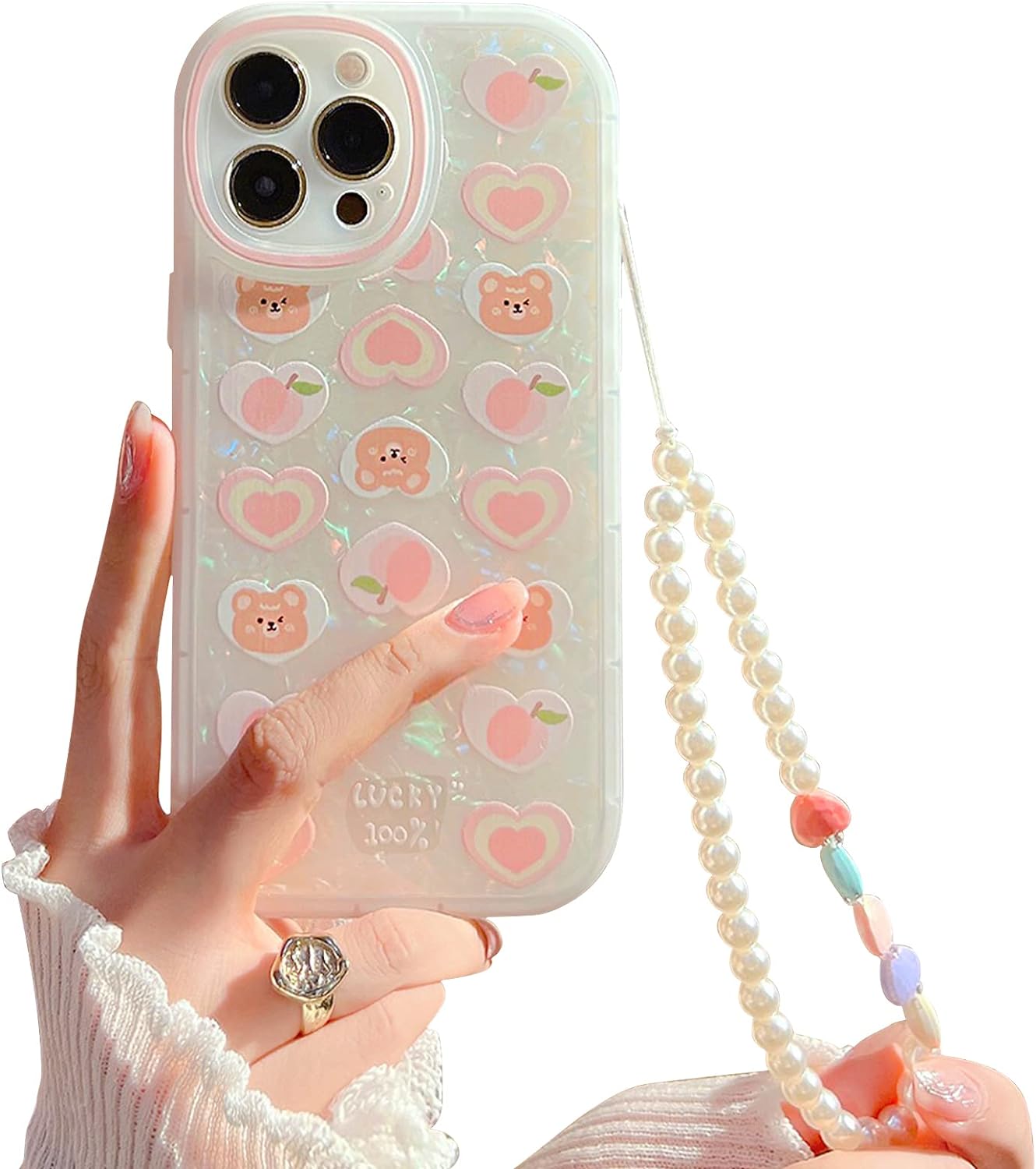 NITITOP Compatible for iPhone 14 Pro Max Case, Cute Cartoon Bear Peach with Heart Beaded Lanyard Wrist Strap for Women Girls, Soft TPU Full Protective Cover- Pink Bear