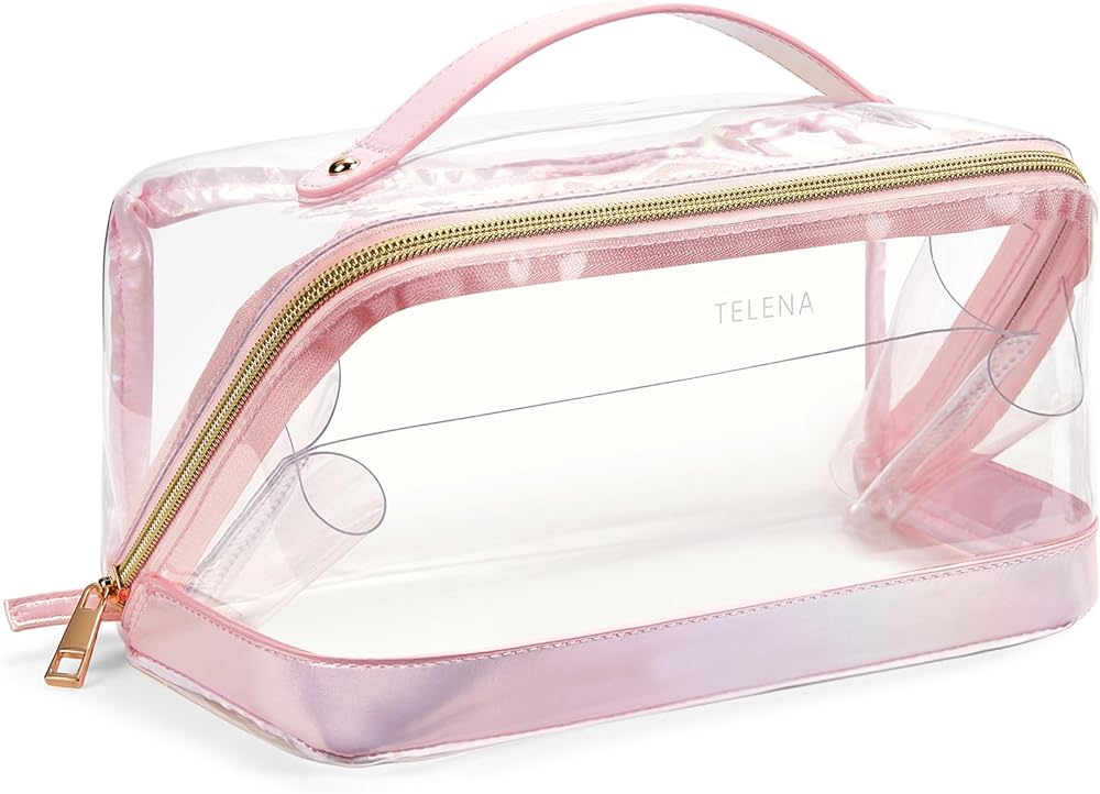 Telena Clear Makeup Bag Large Capacity Travel Cosmetic Bag Water Resistant Makeup Organizer Bags for Women Portable with Handle Open Flat Pink