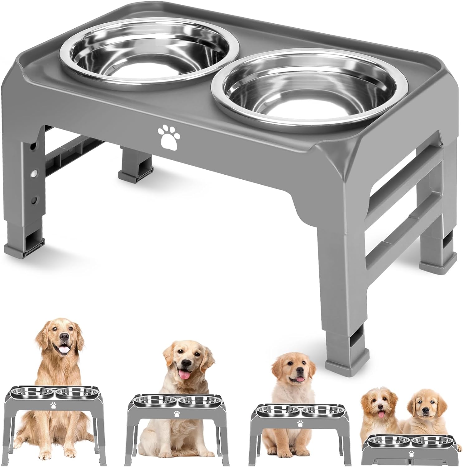 AIRMX Elevated Dog Bowls Heights Adjustable Raised Dog Bowl Stand with 2 Stainless Steel Dog Food Bowls Non-Slip Foldable Dog Feeder for Medium Large Dogs, Adjust to 12.36", 10.75", 9.2",3.7", Grey