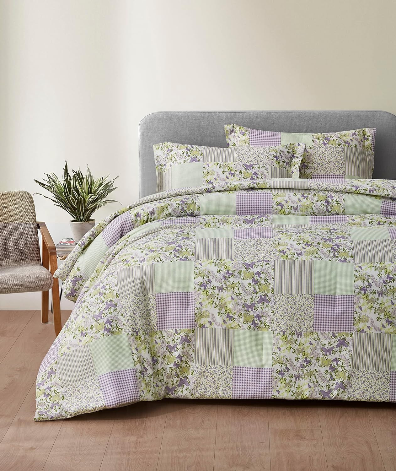 Chezmoi Collection Daisy 3-Piece Printed Patchwork Comforter Set - Purple Butterfly Botanical Candy Stripe Checkered - Microfiber Lightweight Reversible Bedding, Queen Size