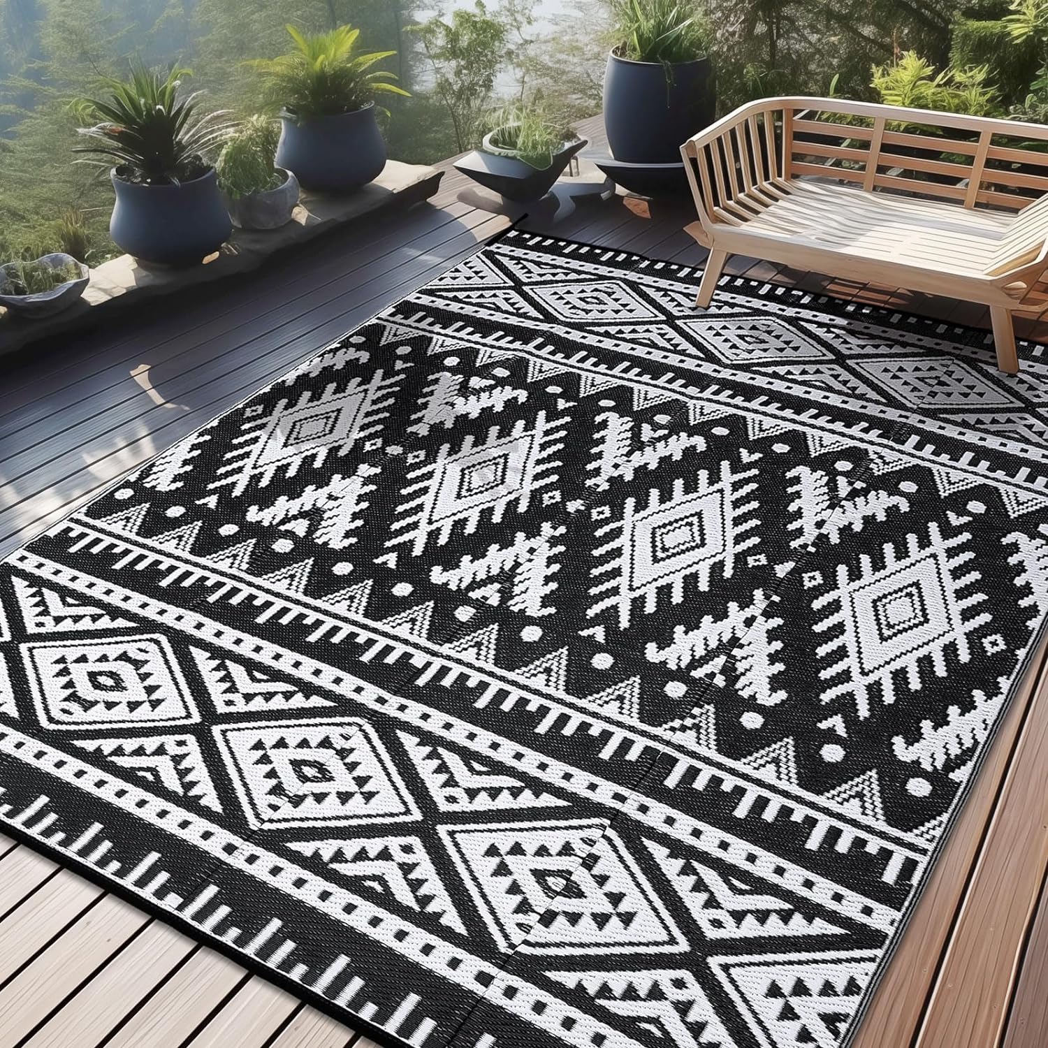 OLANLY Outdoor Rug Waterproof 9x12 ft, Reversible Outdoor Plastic Straw Rug, Boho Patio Rug, Indoor Outdoor Carpet, RV Mat Outside for Patio, Camp, Picnic, Balcony, Deck, Backyard, Black & White