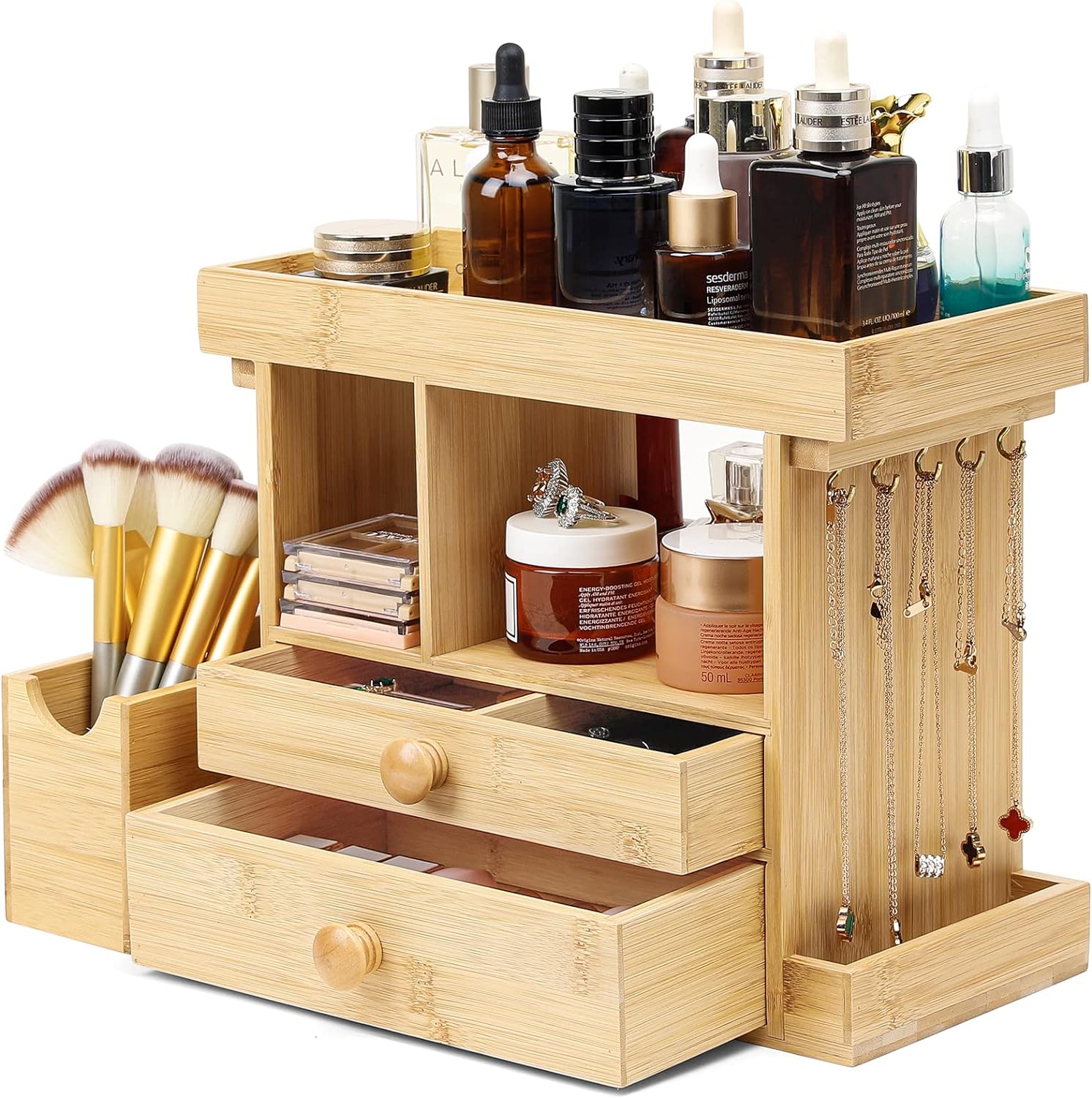 Homde Bamboo Makeup Organizer Cosmetic Jewelry Storage Organizer Multi-Function Make up Box Stand for Vanity, Desk, Bathroom, Bedroom with Hooks,Drawer,Silicone Lipstick Holder