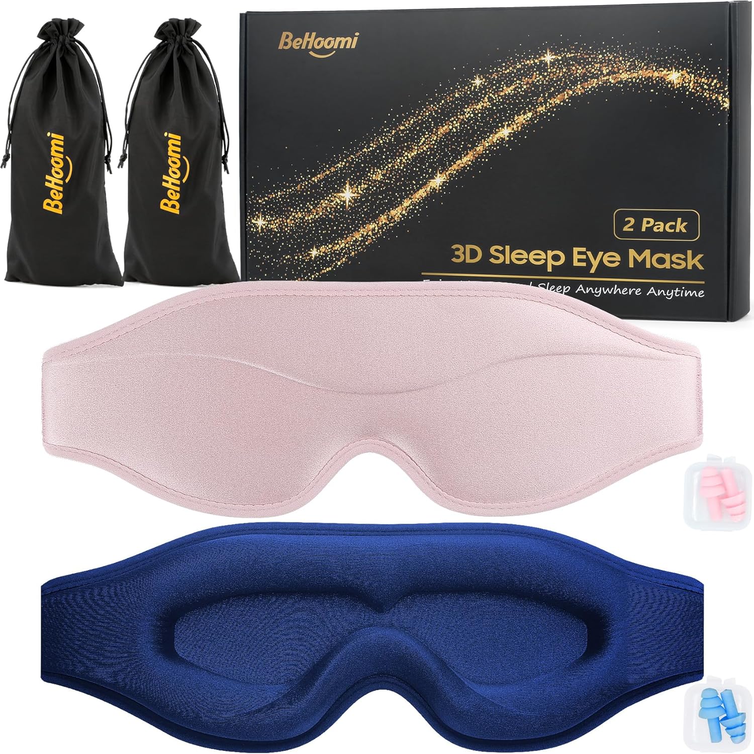 Sleep Mask, 2 Packs Premium Eye Mask for Sleeping, Total Blackout, Superior Soft Comfort, Upgraded 3D Ergonomic Designed Sleeping Mask for Home, Office, Travel, Meditation, Yoga, Blue & Pink