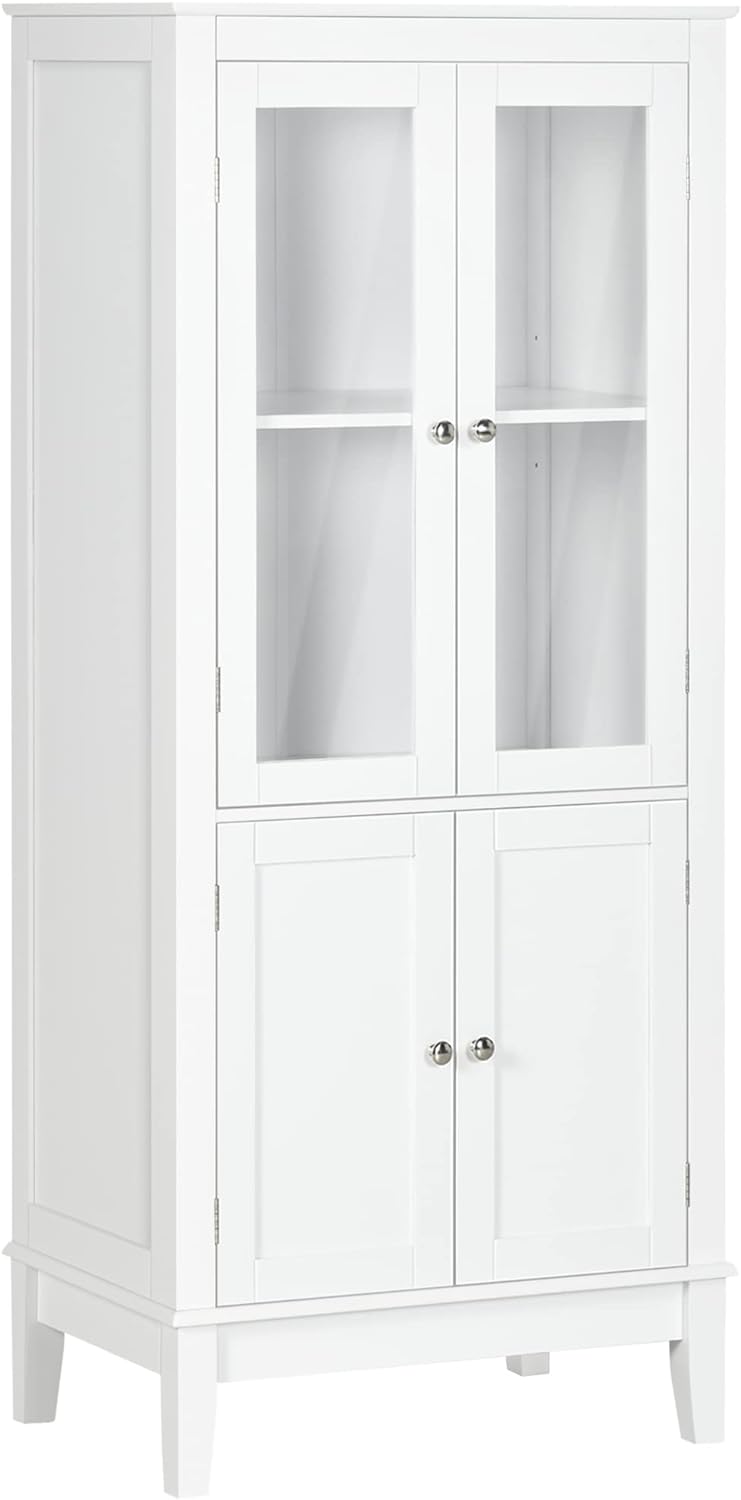 kleankin Bathroom Floor Cabinet with 2 Storage Cabinets, Tempered Glass Door, Freestanding Linen Tower with Adjustable Shelves for Living Room, White