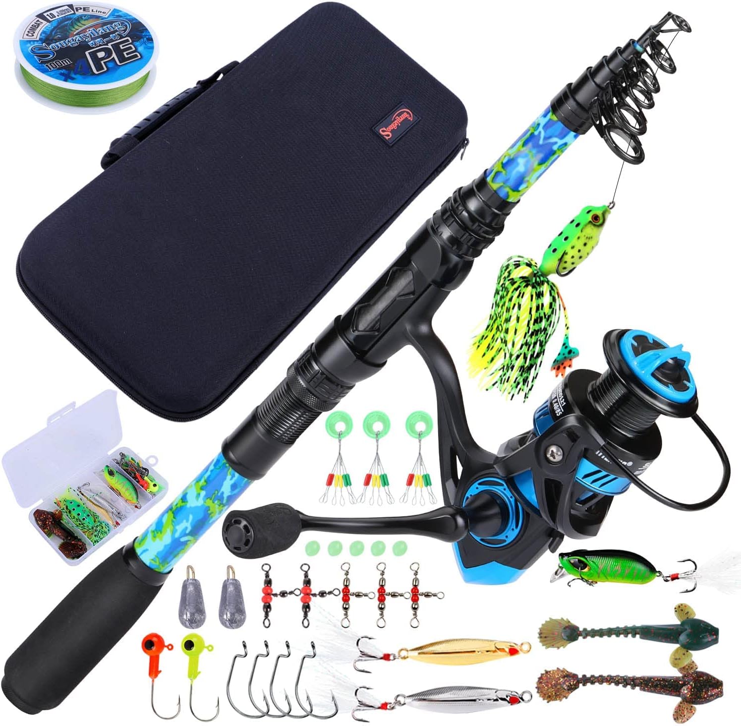 Sougayilang Fishing Rod and Reel Combos with Telescopic Fishing Pole Spinning Reels Fishing Carrier Bag for Travel Saltwater Freshwater Fishing