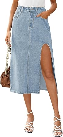 I love this jean skirt. Made wit good quality jean material. Has a nice and flattering slit. Long but also sexy. Easy to dress this up or down. Flattering fit. Fits true to size. Slips on with no issues. A staple in my closet.
