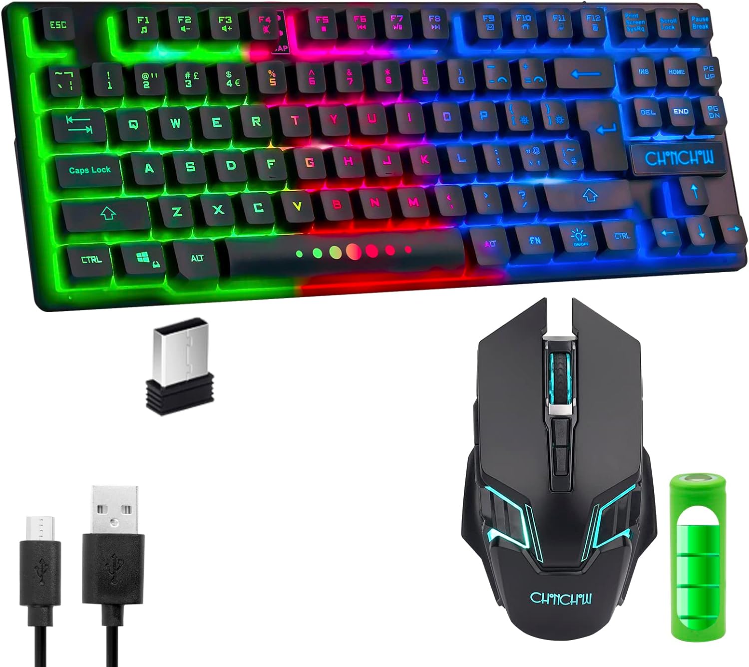 Gaming Wireless TKL Keyboard Mouse Combo Rechargeable LED Backlit Tenkeyless Compact 87 Keys 6 Button for Computer Laptop PS4 PS5 Switch Compatible with Windows XP/7/8/10 iMac MacBook Xbox one X