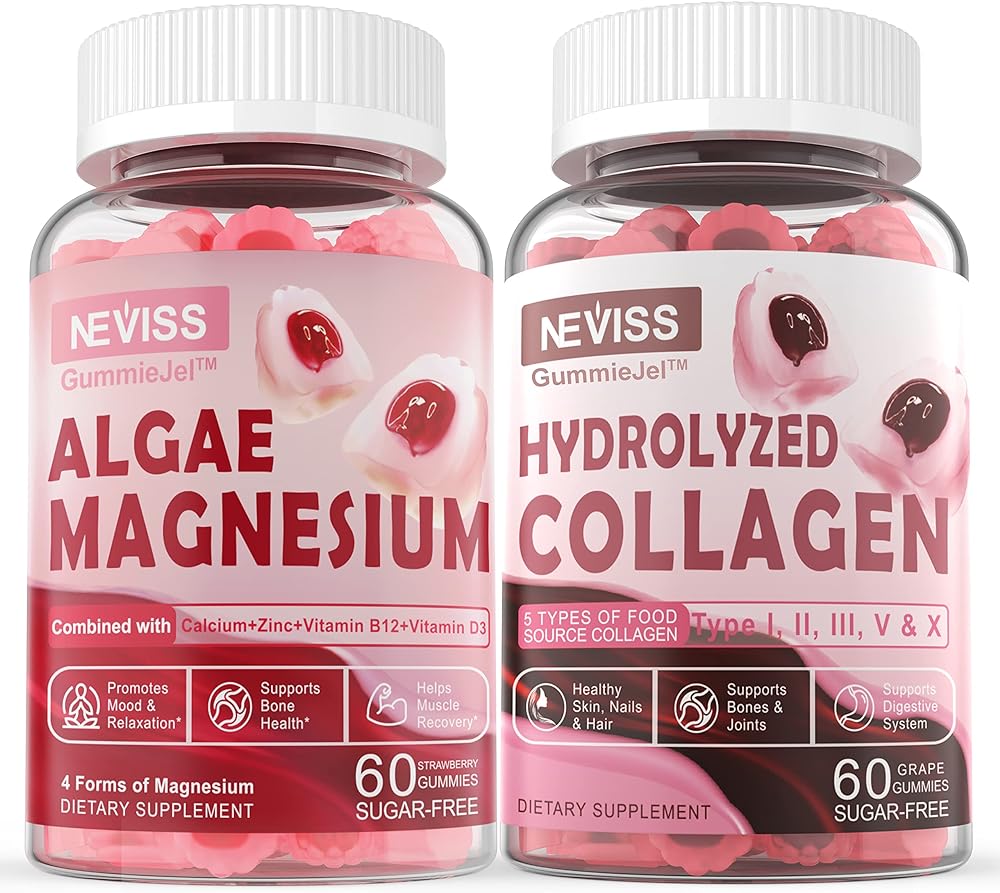 Hydrolyzed Collagen Gummies + Calcium Magnesium Gummies for Adults - Sugar Free, Support Healthy Skin Hair Nails, Bone & Nerve Health, Muscle Function & Mood