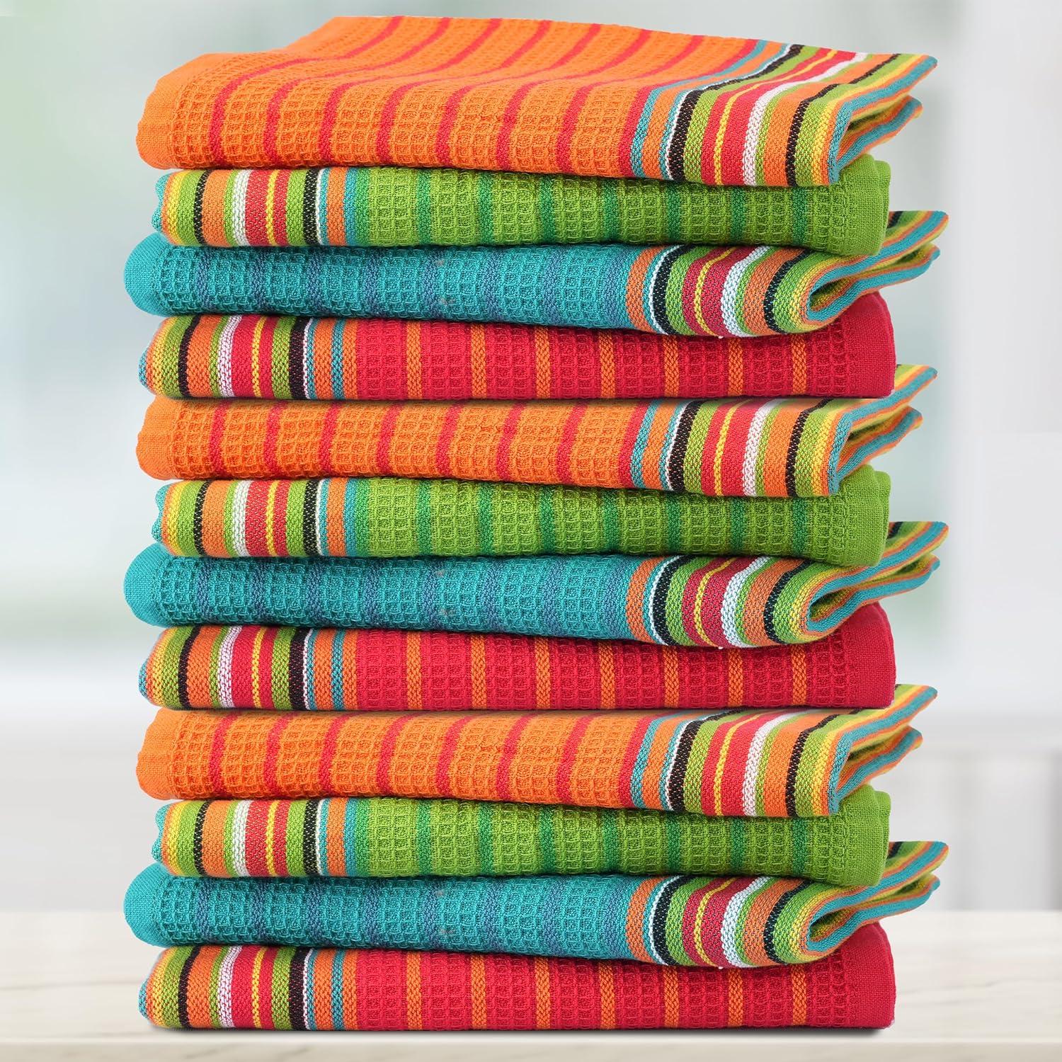 THREAD SPREAD Kitchen Dish Towels, 100% Cotton Salsa Towels, Set of 12 (16x28 Inches), Multi Purpose Cooking Drying Restaurant Bar Cleaning Cloth Napkin, Highly Absorbent, Lint Free (Red & Orange)