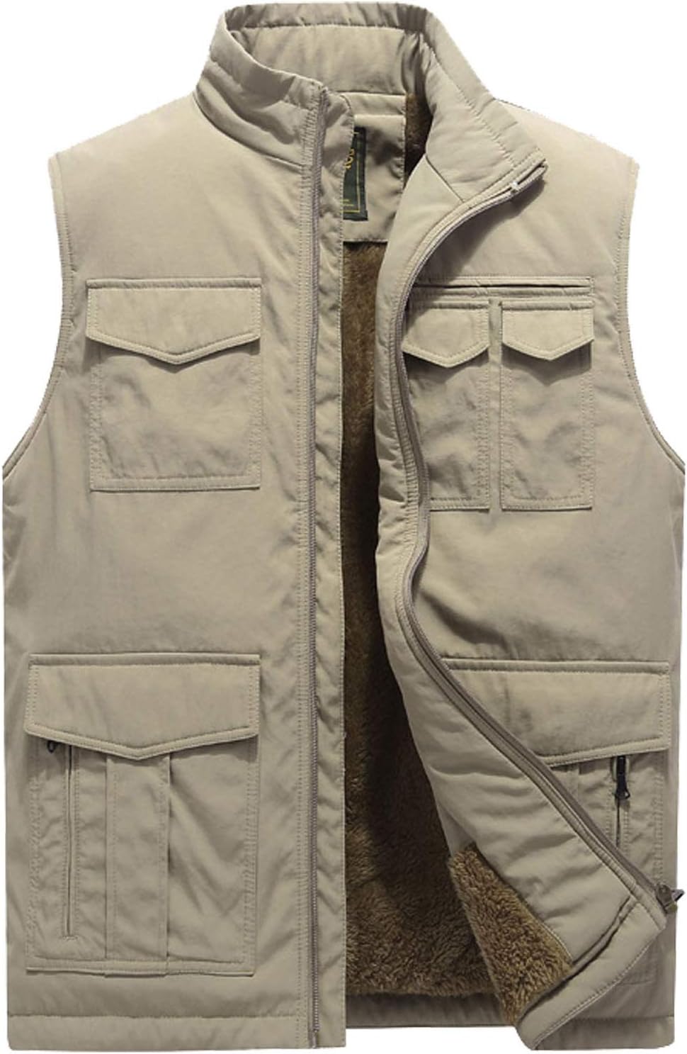 Flygo Men' Winter Warm Outdoor Padded Puffer Vest Thick Fleece Lined Sleeveless Jacket (05 Khaki, XX-Large)