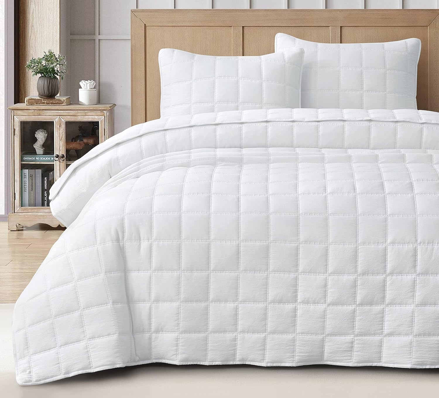 Chezmoi Collection Branson 3-Piece White Queen Size Quilt Set - Stone-Washed Detailed Square Stitch Soft Microfiber Lightweight Quilted Bedspread Coverlet Set for All Seasons